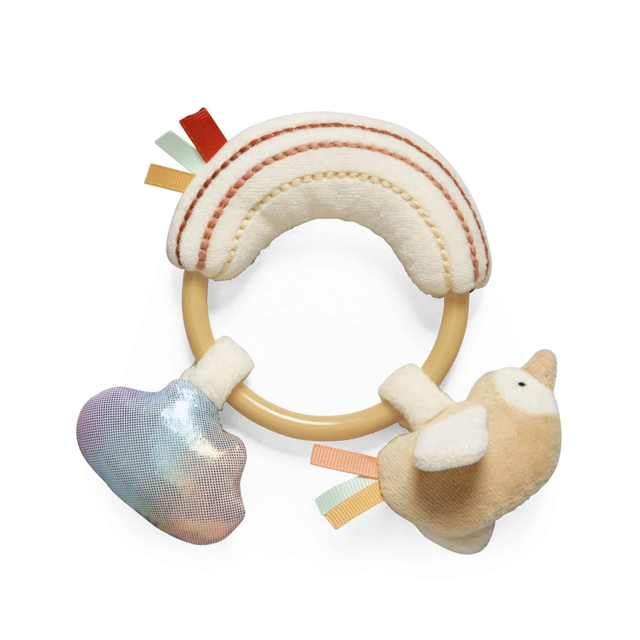 baby rattle, soft toy, rainbow arc, stitched, cloud heart