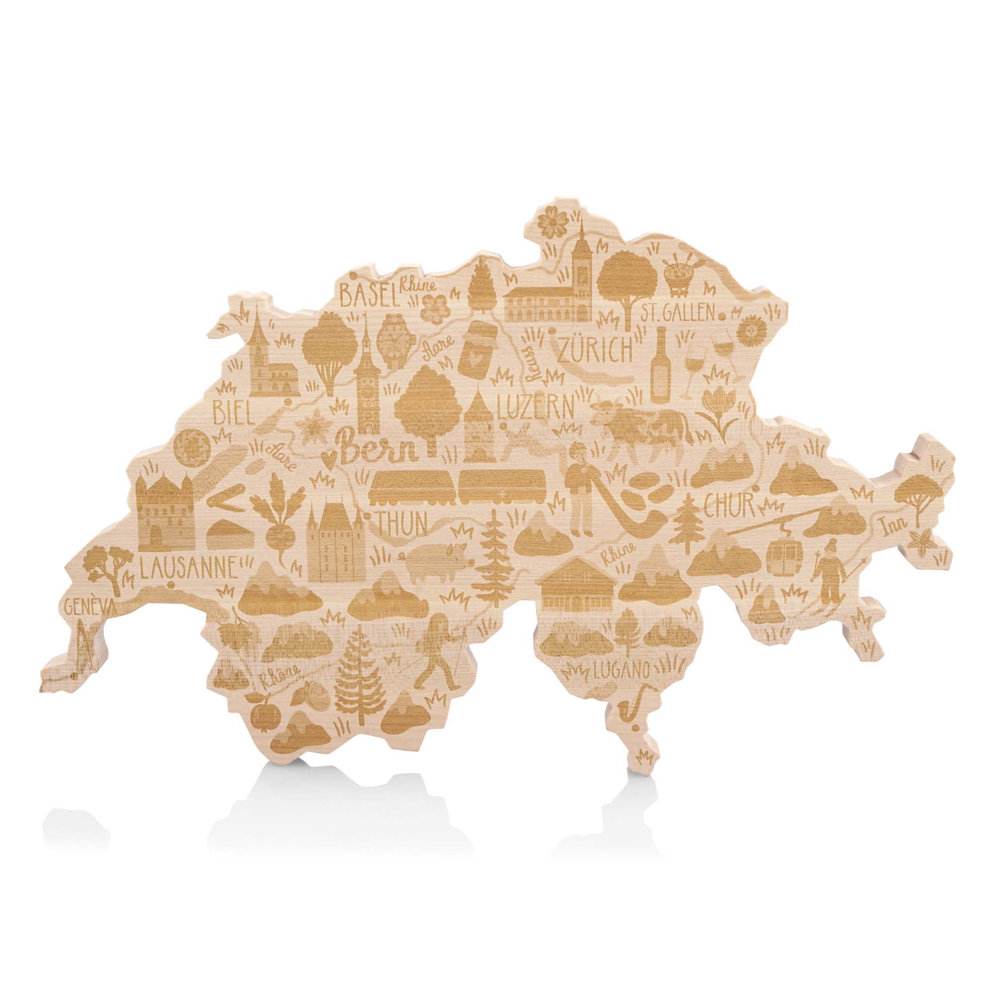 Schneidebrett "Schweizer Wahrzeichen" Ahorn massiv Swiss Made, 390x249x20mm