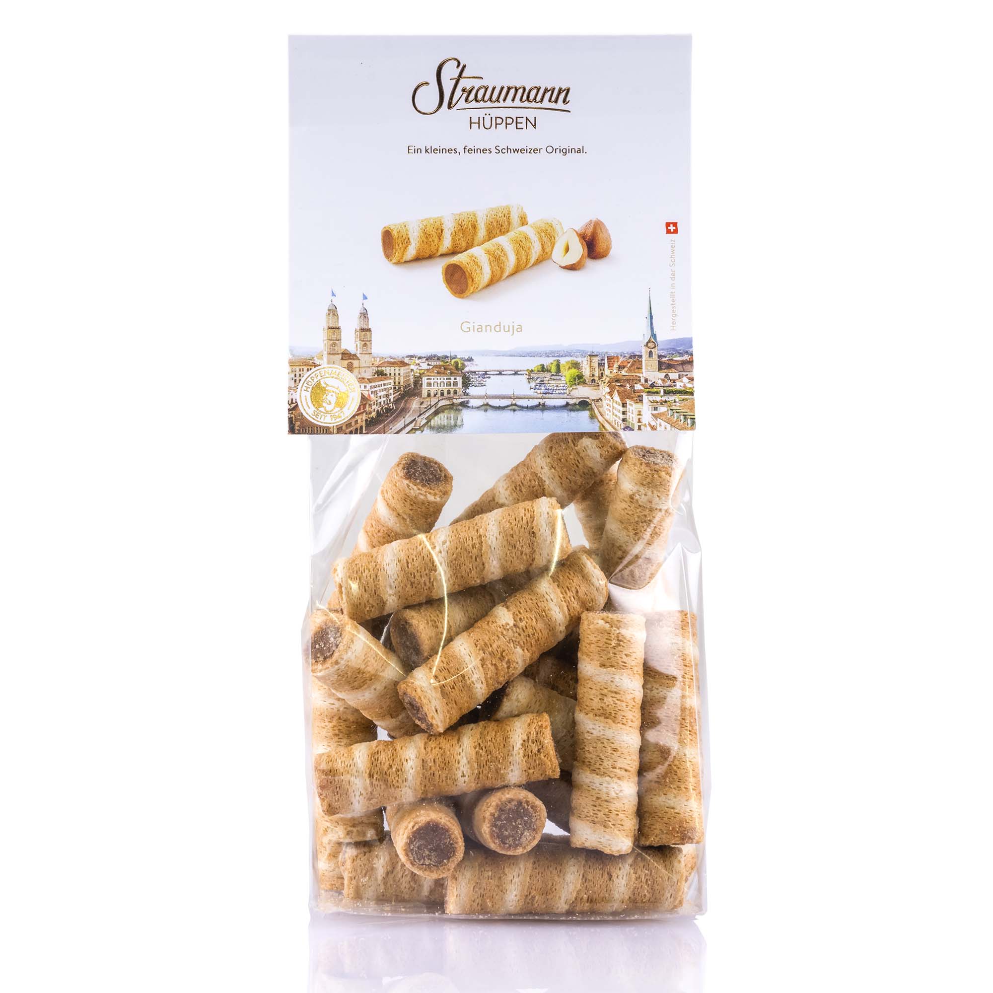 Straumann Hüppen "Zürich" mit Haselnuss-Gianduja-Füllung, 100g Straumann Hüppen "Zürich" mit Haselnuss-Gianduja-Füllung, 100g