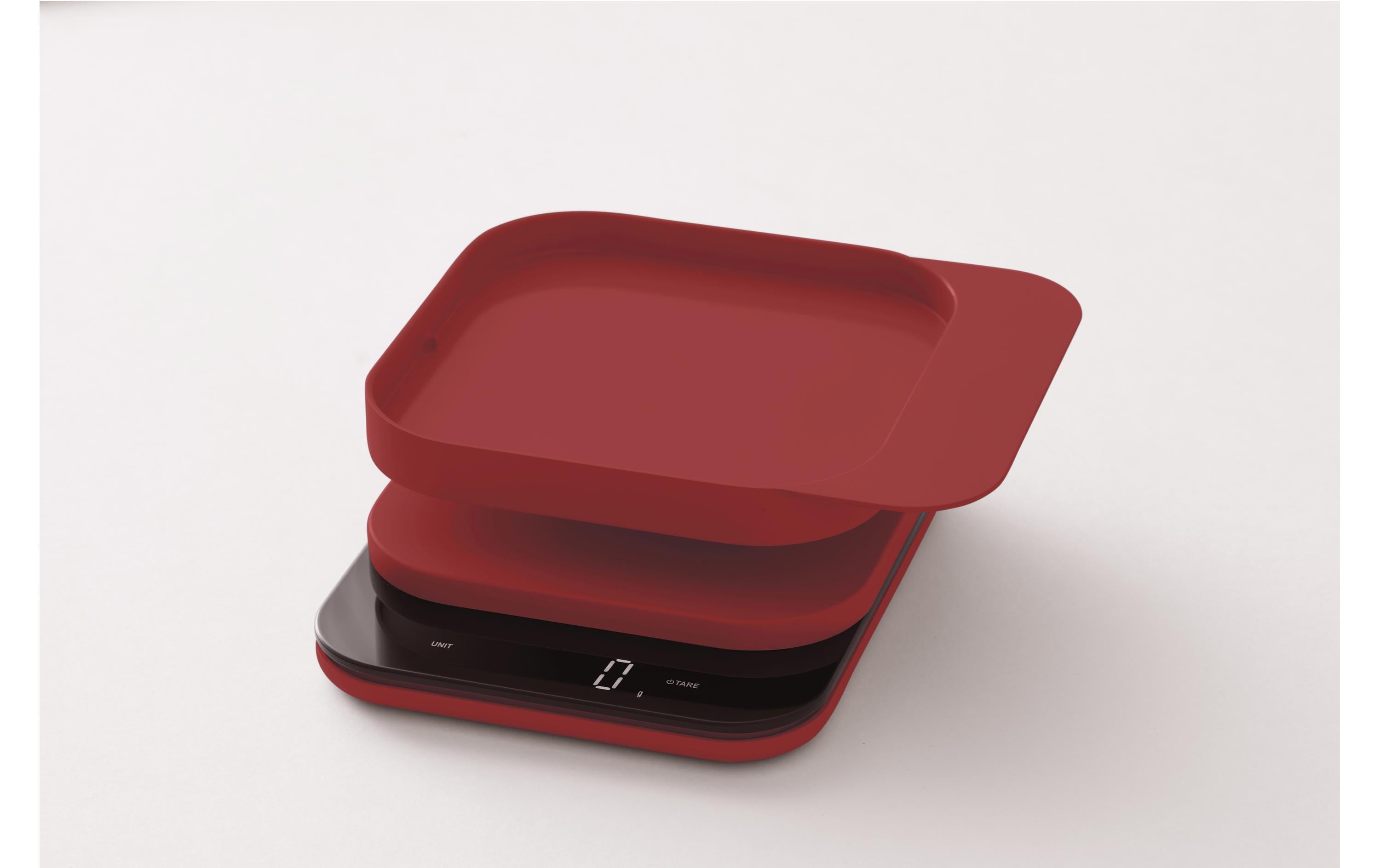 Küchenwaage, Digitale Waage, rot, rechteckige Schale, gestapelte Schalen