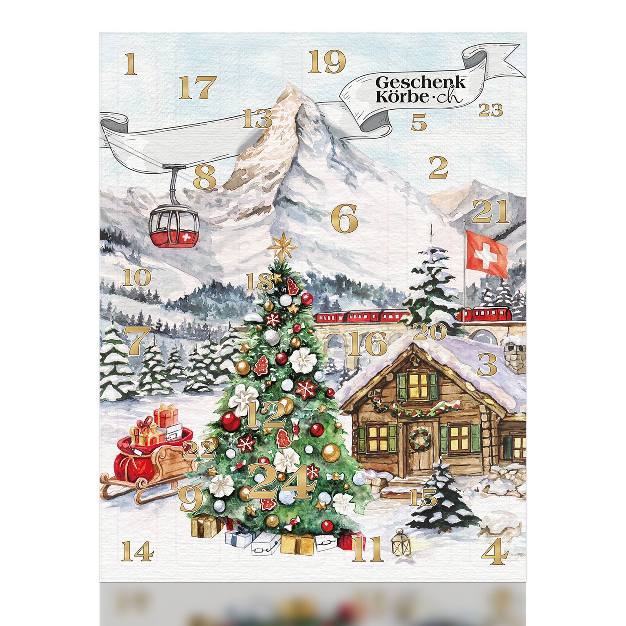 Adventskalender mit einer Schweizer Berglandschaft, einem geschmückten Weihnachtsbaum, einer Holzhütte und goldenen nummerierten Türen.