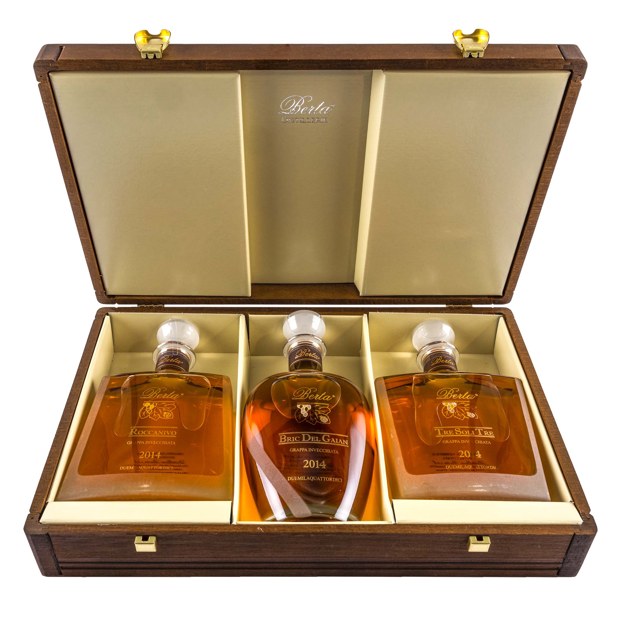 Berta Grappa Set "Confezione 3 bottiglie Crû" in Holzkiste, 3 x 70cl