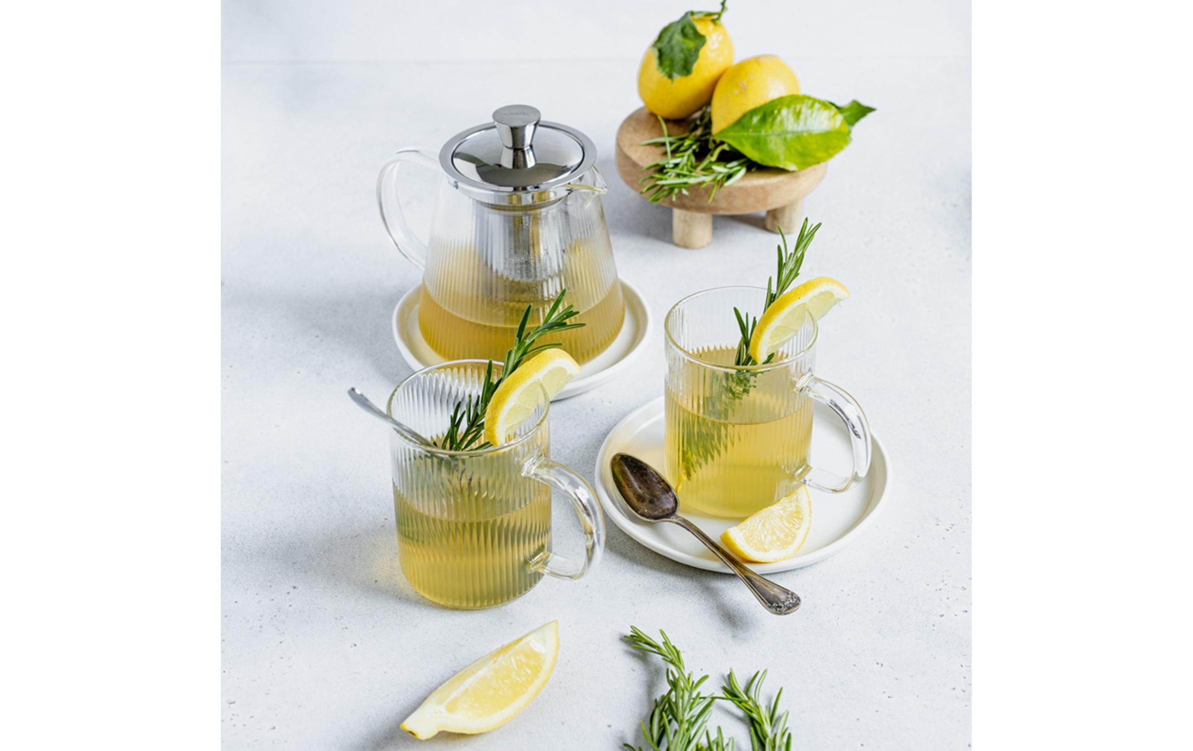 Glaskrug, Karaffe, Zitronen-tee, Rosmarin, Zitrone