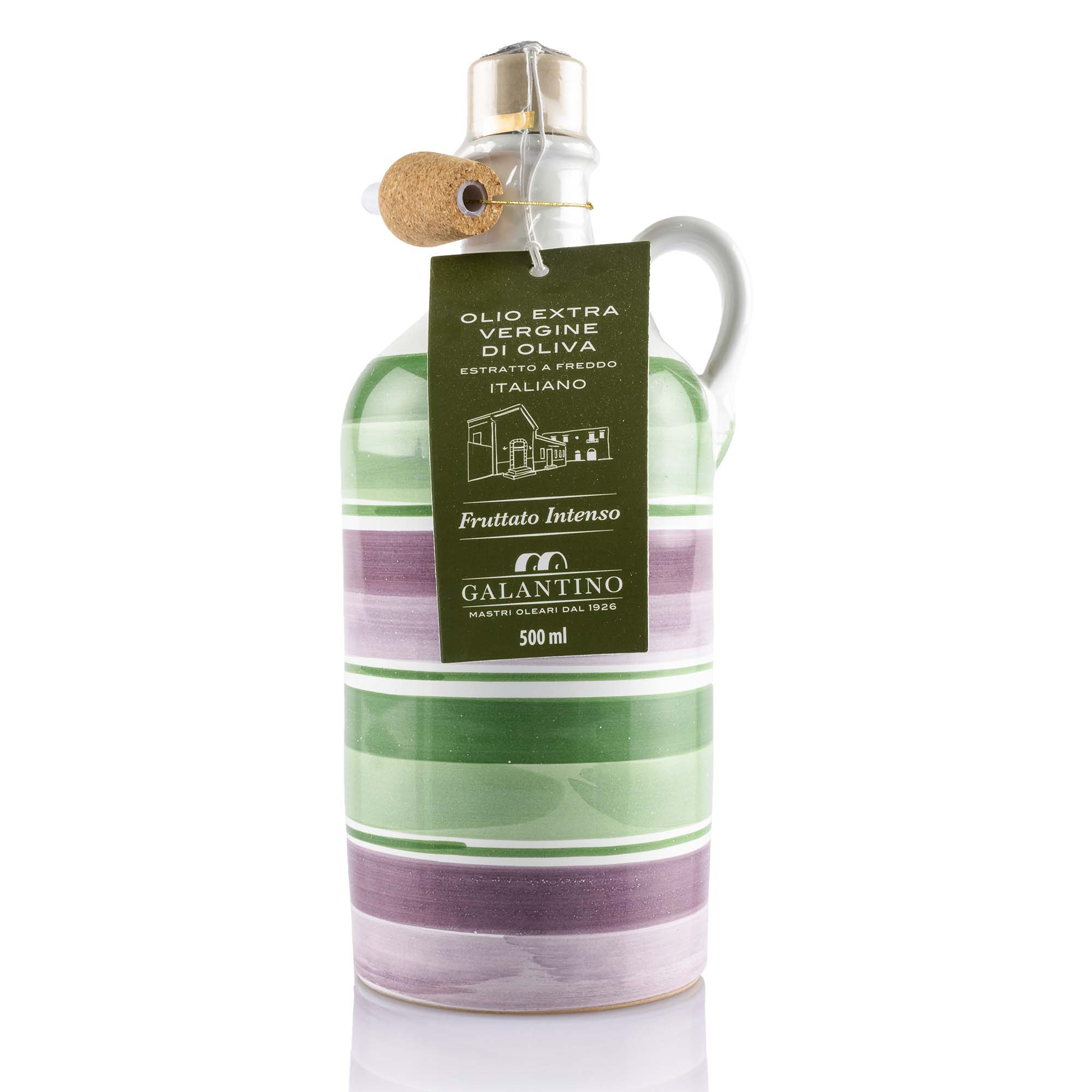 Olio extra vergine di oliva im Tonkrug mit violet-grünen Streifen von Galantino, 50cl