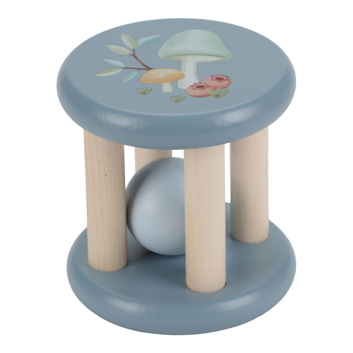 wooden toy, mushroom top, blue, ball roller, wooden dowels