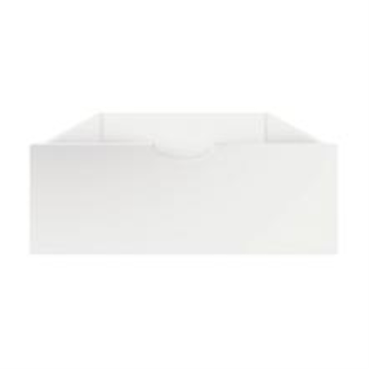 Leere rechteckige Geschenkbox aus weißem Karton mit einem halbkreisförmigen Ausschnitt an der Vorderkante, von vorne betrachtet.