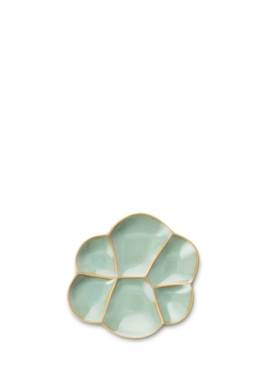 keramik schale, blume form, mintgrün, tellerstück, goldrand