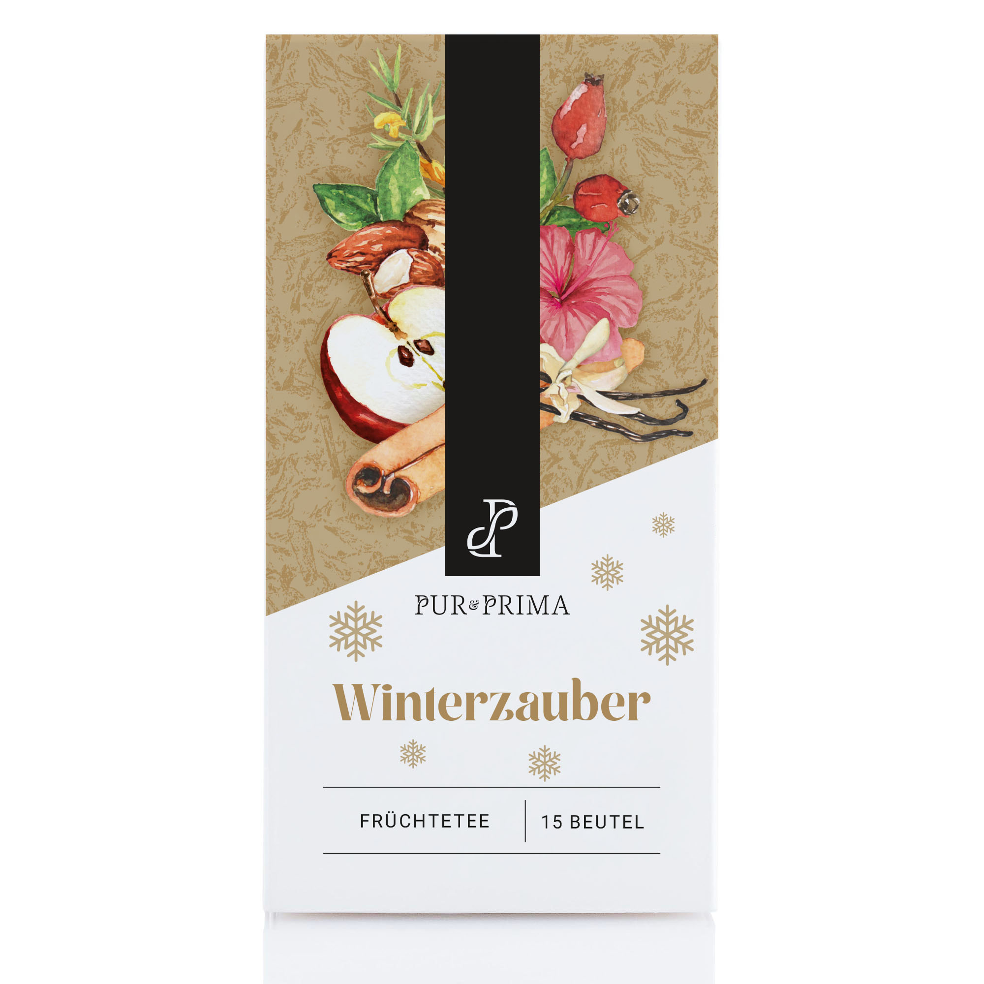 PUR & PRIMA Winterzauber Früchtetee-Box mit 15 Beuteln, mit Aquarell-Illustrationen von Apfel, Zimt und Gewürzen.