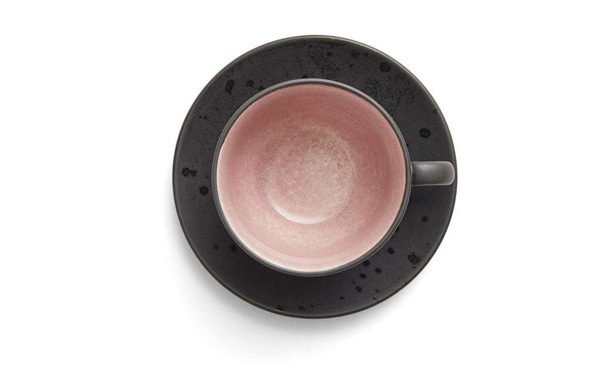 Kaffeetasse, Becher, rosa Innenseite, Keramik, schwarze Untertasse