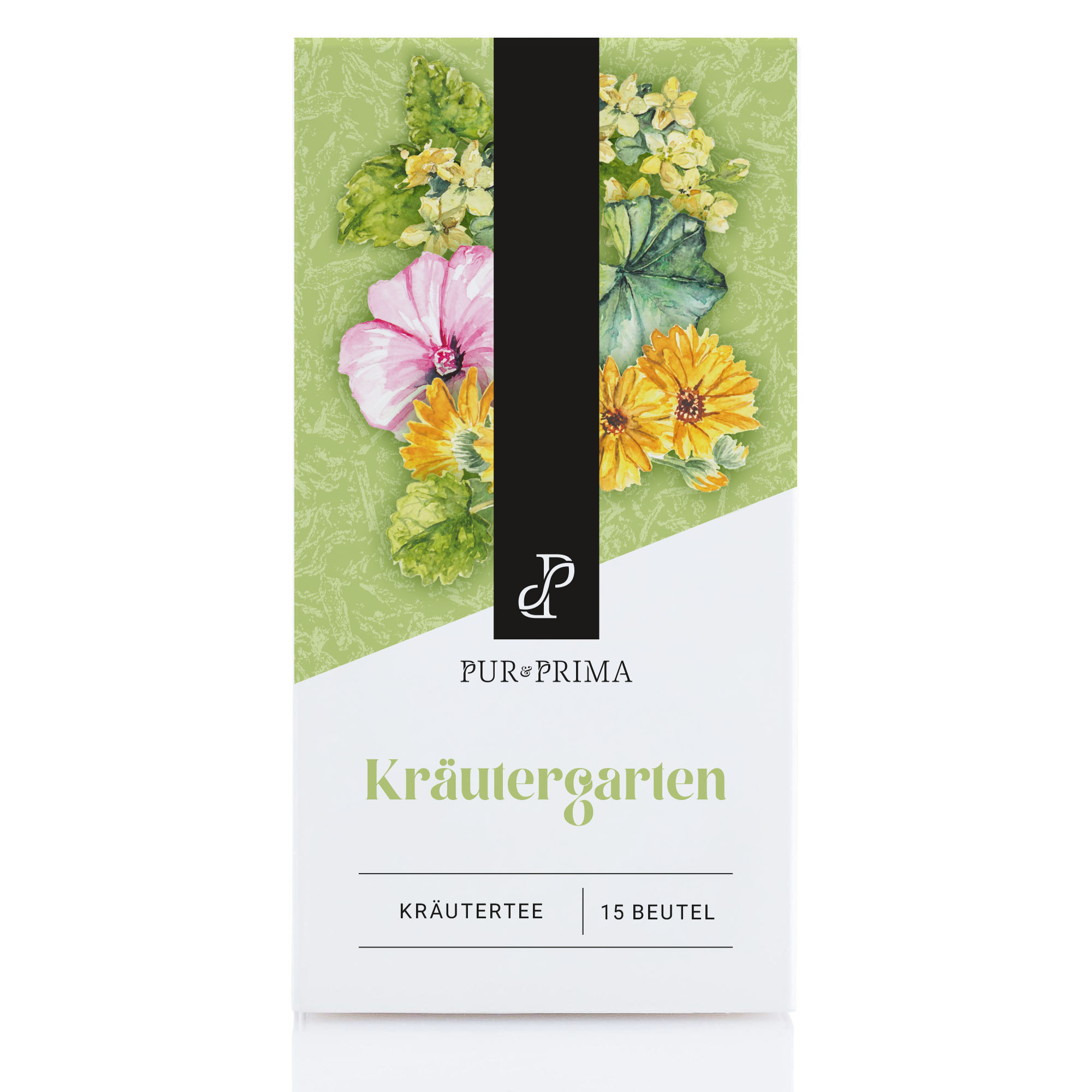 Rechteckige Schachtel Pur & Prima-Kräutertee mit grünem Hintergrund, floralen Illustrationen und 15 Teebeutel-Etikettentext.