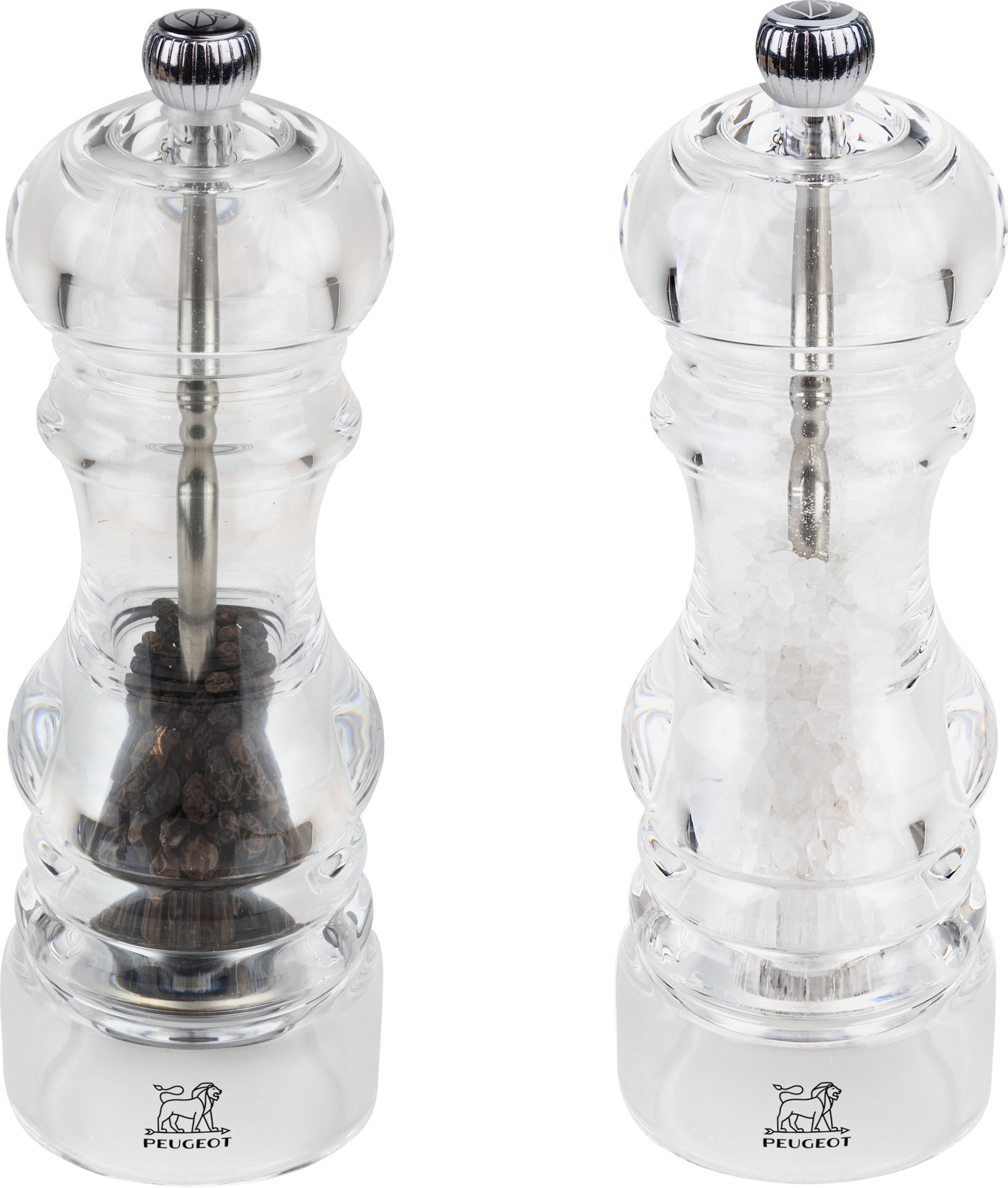  Salz- und Pfefferstreuer,  Pfeffermühle,  Glasgehäuse,  Peugeot-Logo,  Transparent
