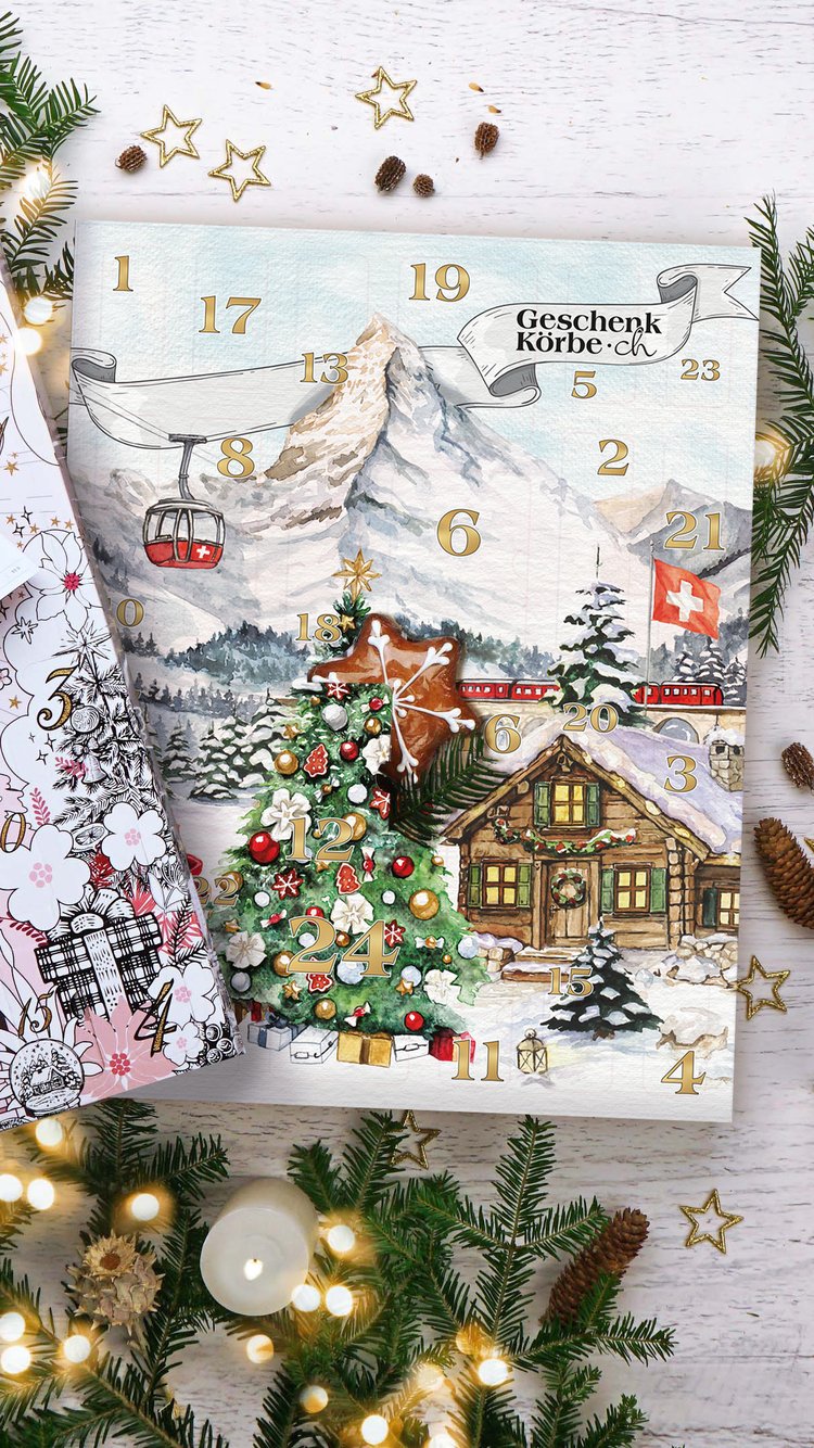 Adventskalender mit Schweizer Bergillustration, Seilbahn, Chalet und Weihnachtsbaum, mit goldenen Zahlen 1–24.