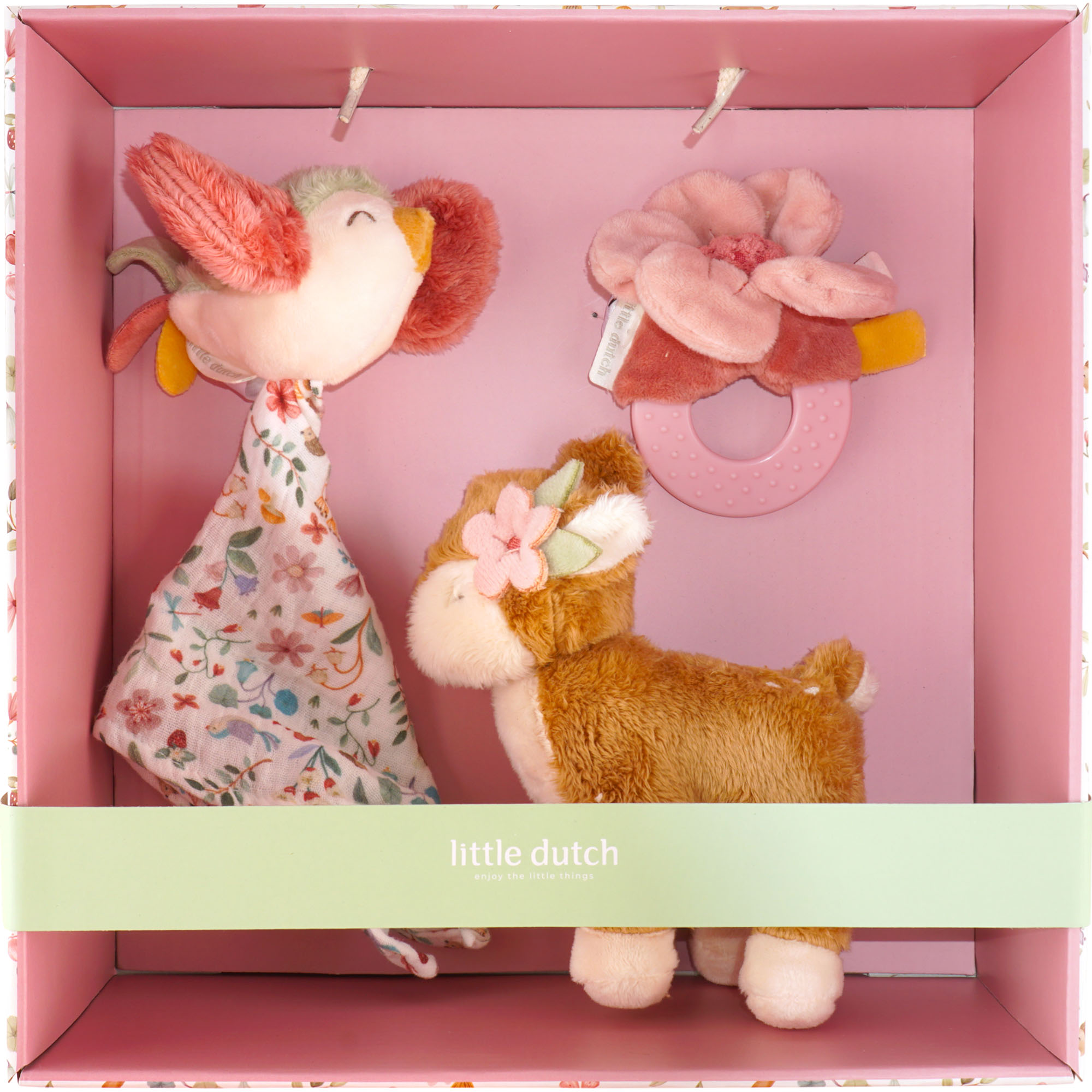 Little Dutch-Geschenkset in rosa Box mit Plüsch-Vogeldecke, Blumen-Beißring und braunem Plüsch-Rehkitz.