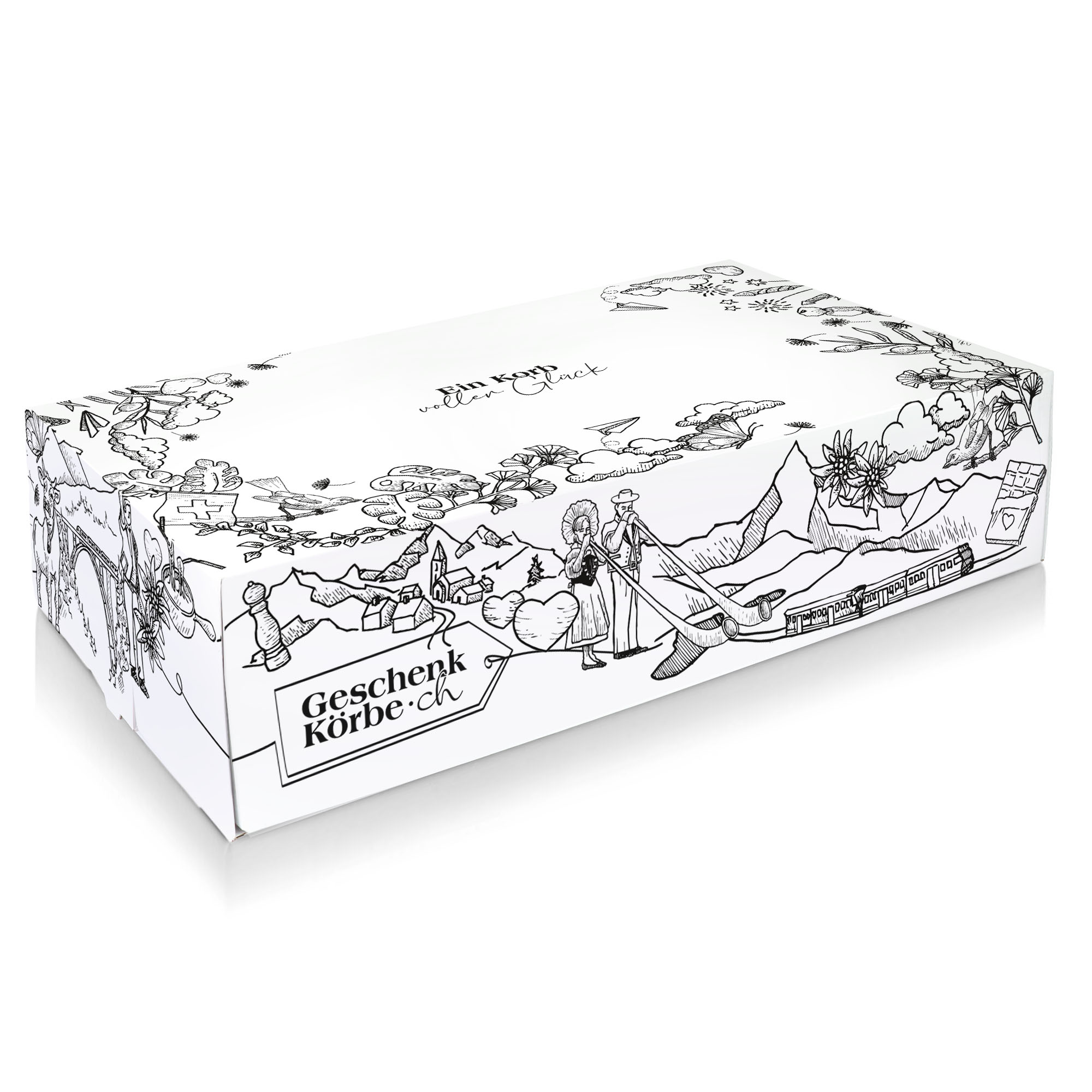 Rechteckige Geschenkbox aus weißem Karton mit schwarzen Strichzeichnungen von Schweizer Landschaften, Alphornbläsern und dem Markenlogo.
