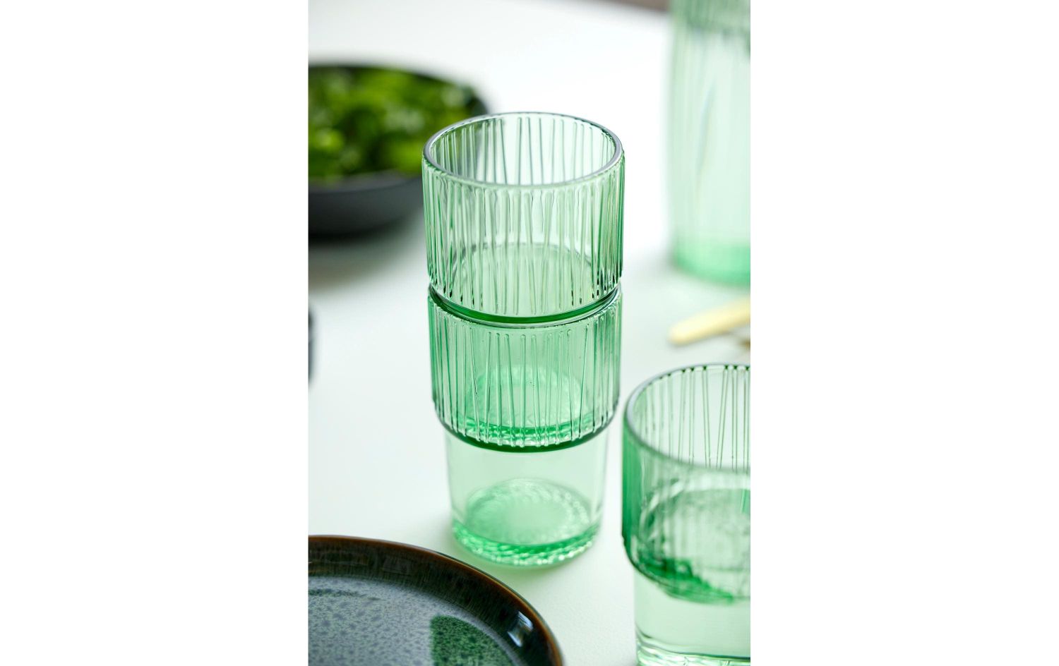 glas, grün, gläser, rippiges Muster, trinkglas