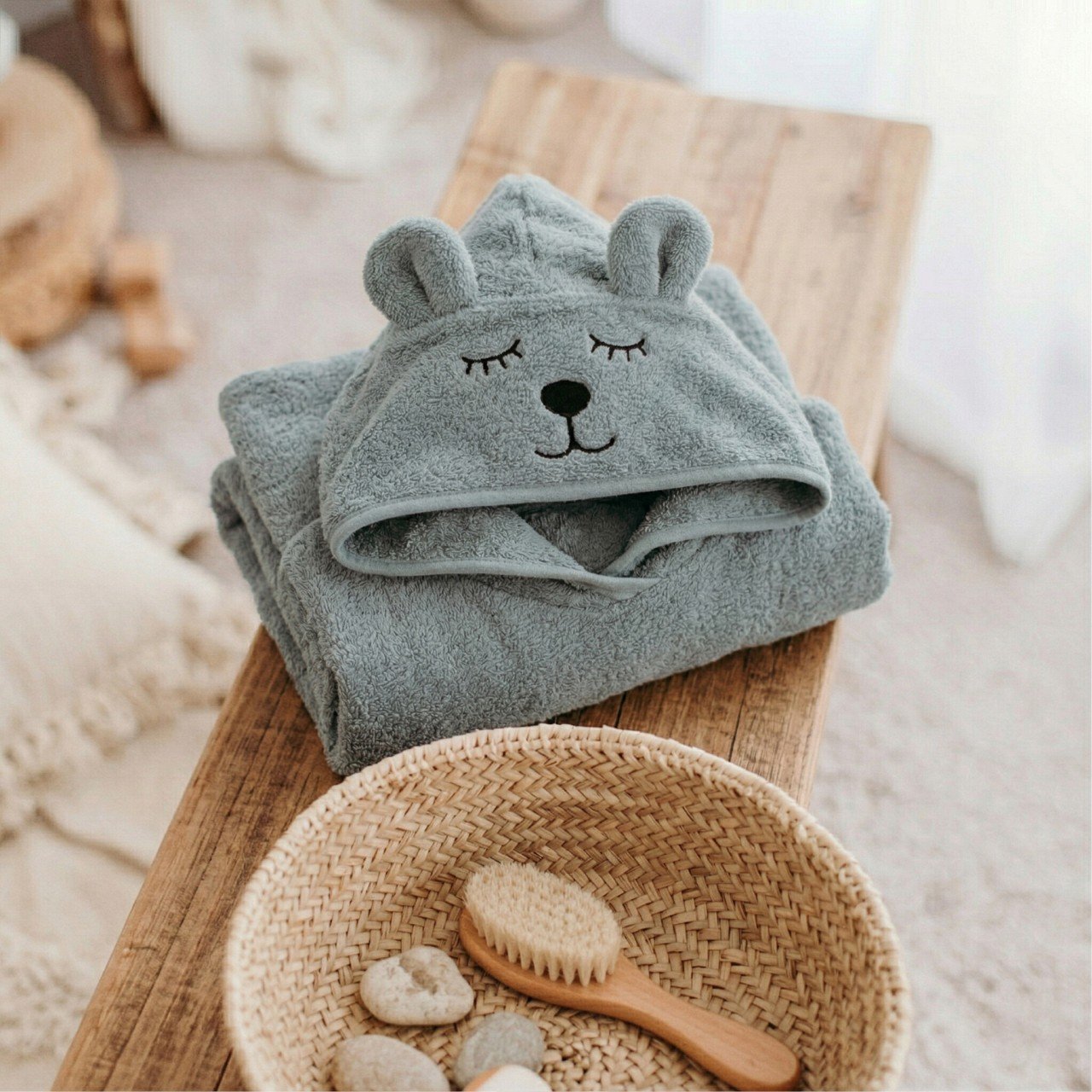 Kinderbadetuch, Frottee, Grau, Tiermotiv, Kuscheltuch