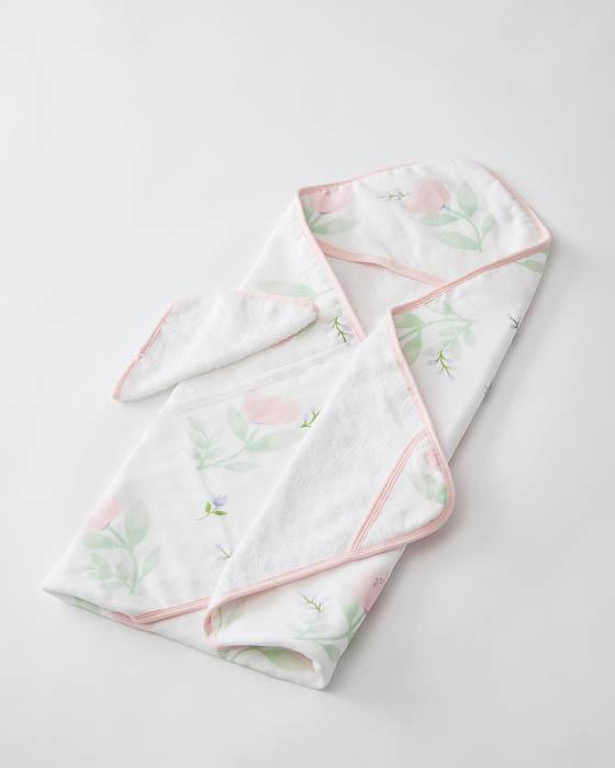 Hooded Towel & Wash Cloth Set -  Pink Peony