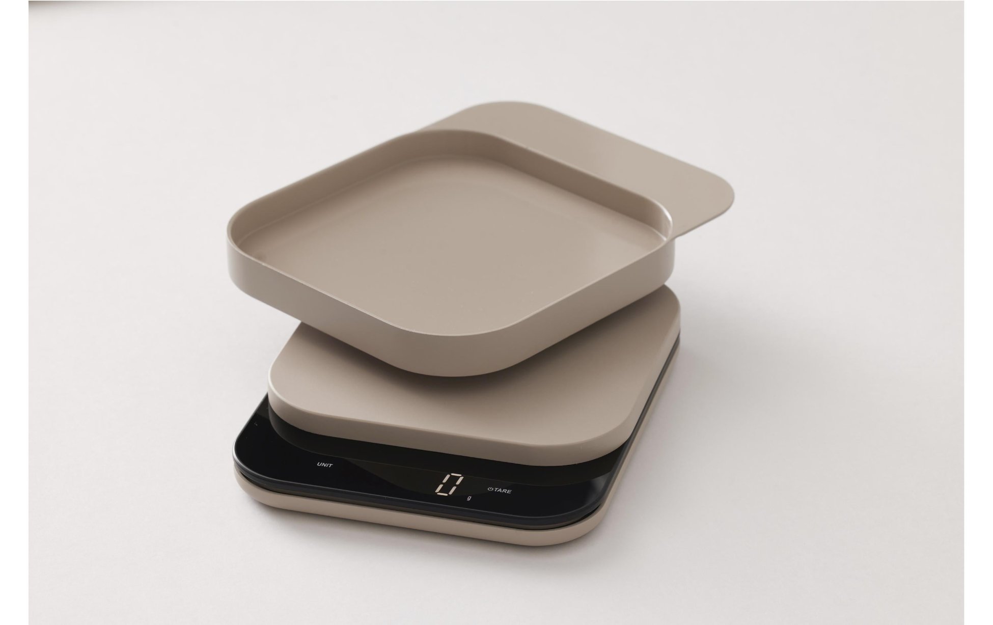 Küchenwaage, digitale Waage, tara, beige, gestapelt