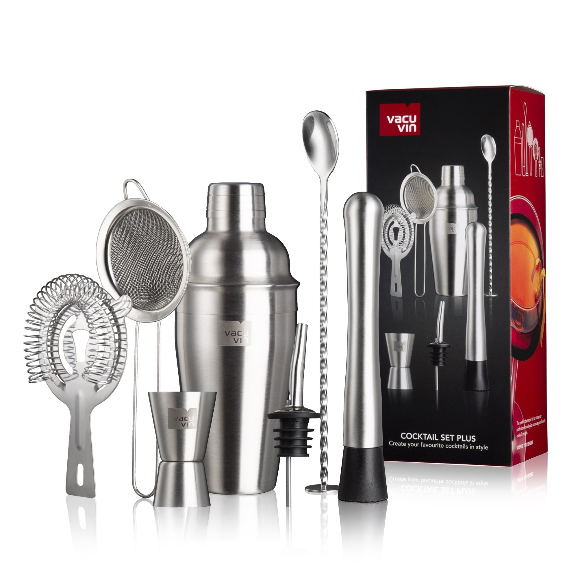 Cocktail Set von 7 Stk. Shaker Doppelmesserbecher Stössel Cocktail Löffel Feinsieb Hawthorne Barsieb Flaschenausgiesser Flasche, Shaker