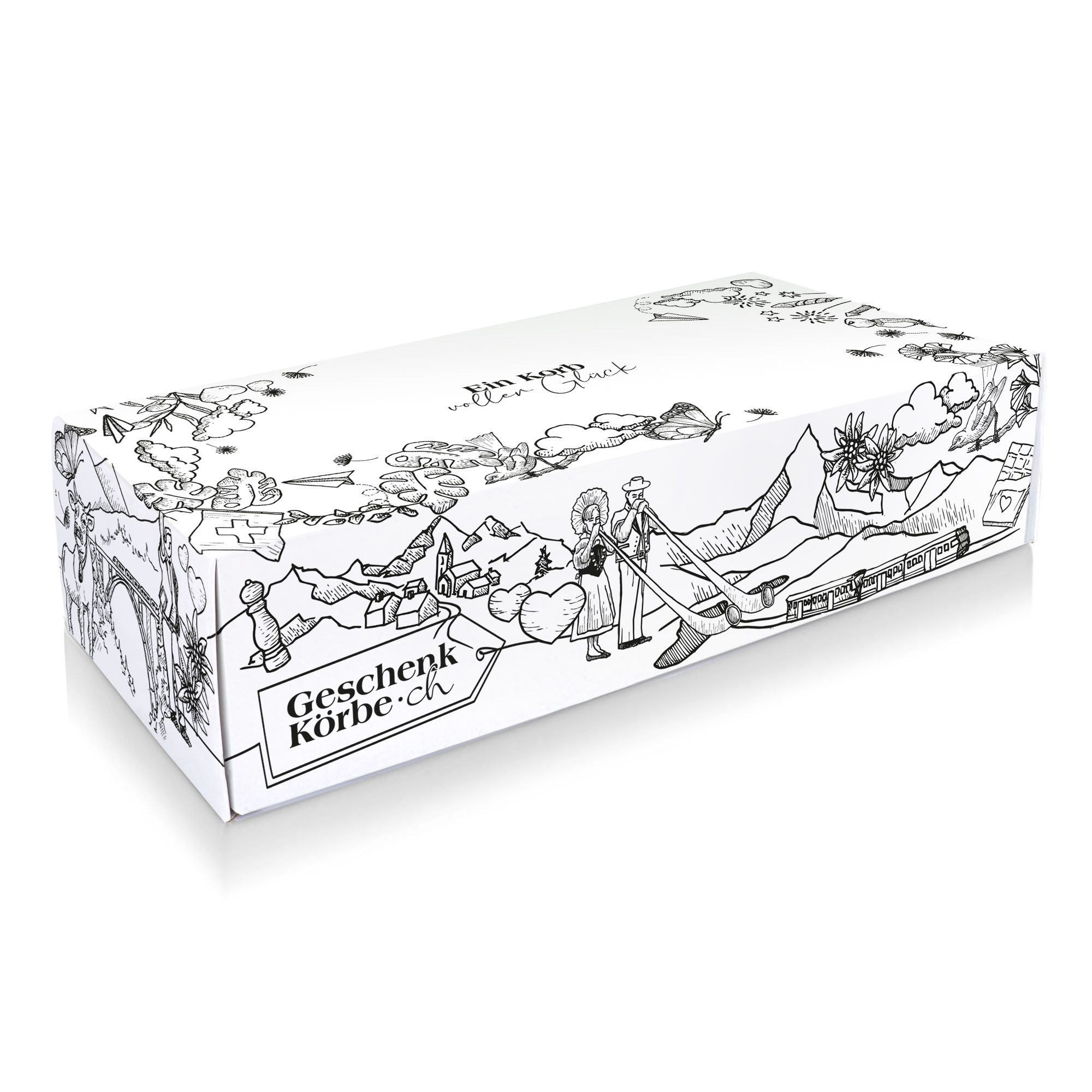 Weiße, rechteckige Geschenkbox aus Pappe mit schwarzen Strichzeichnungen von Schweizer Landschaften, Alphornbläsern und dem Markenlogo.