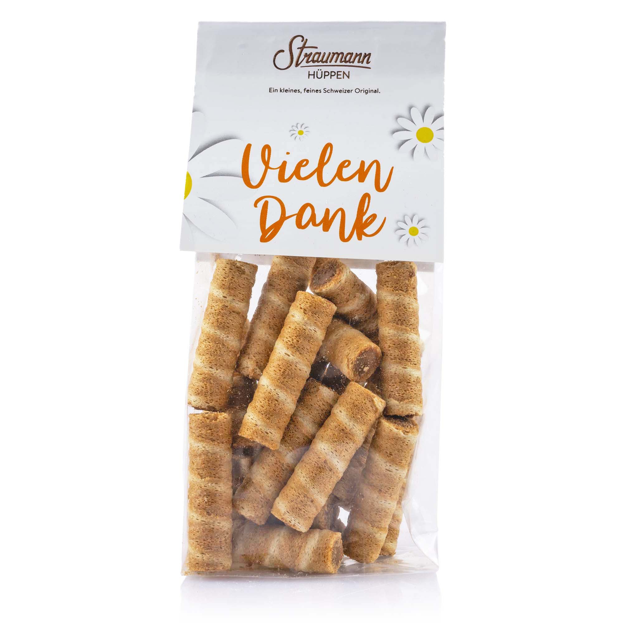 Straumann Hüppen "Vielen Dank" mit Haselnuss-Gianduja-Füllung, 100g Straumann Hüppen "Vielen Dank" mit Haselnuss-Gianduja-Füllung, 100g