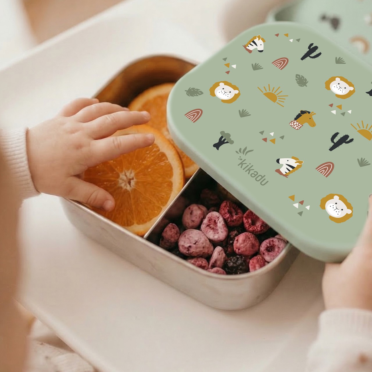 Kinderbrotzeitbox, Lunchbox, Snackbox, Zitrusfrucht, Tiermuster