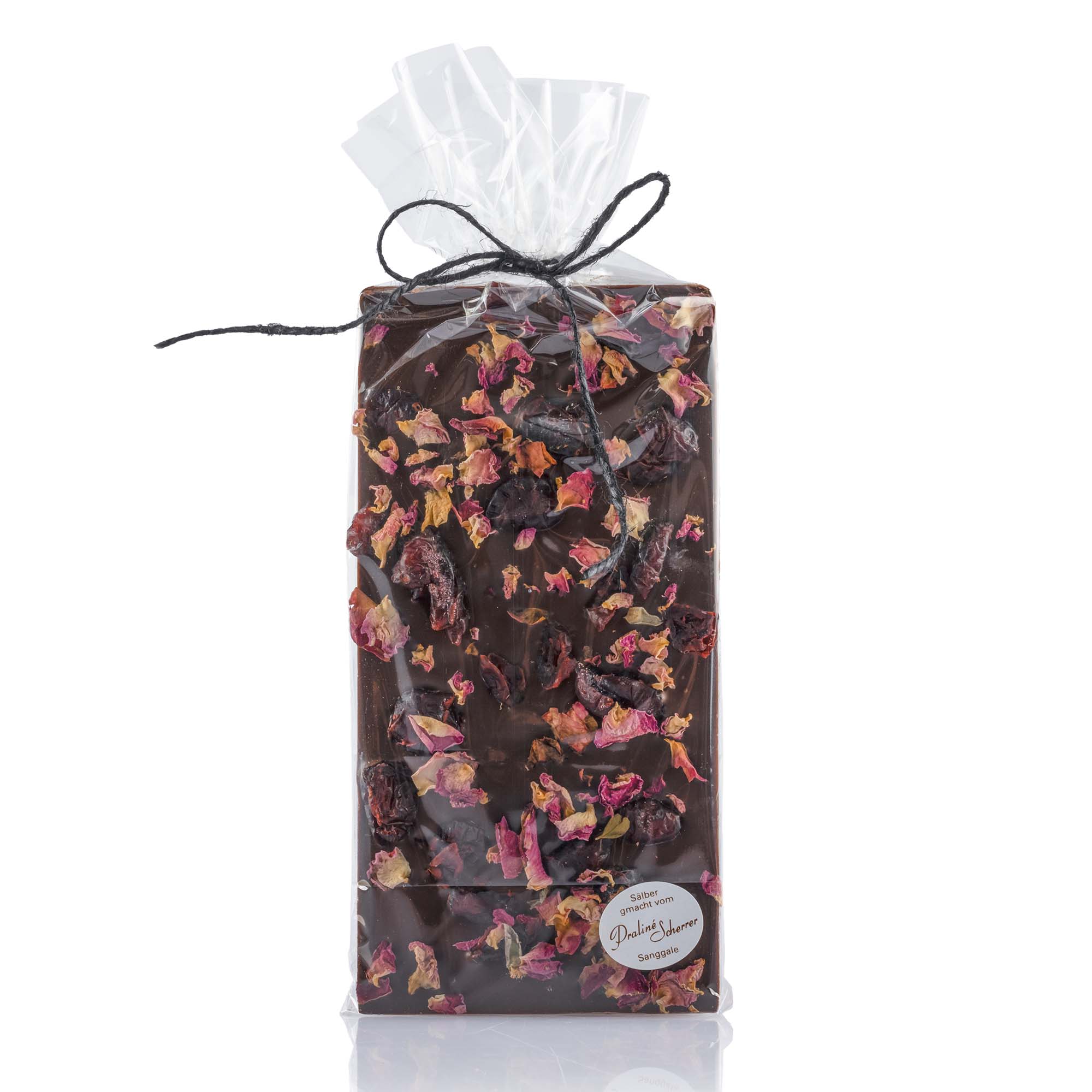 Schokoladentafel handgeschöpft mit Ingwer, Cranberry und Rosenblätter, 100g