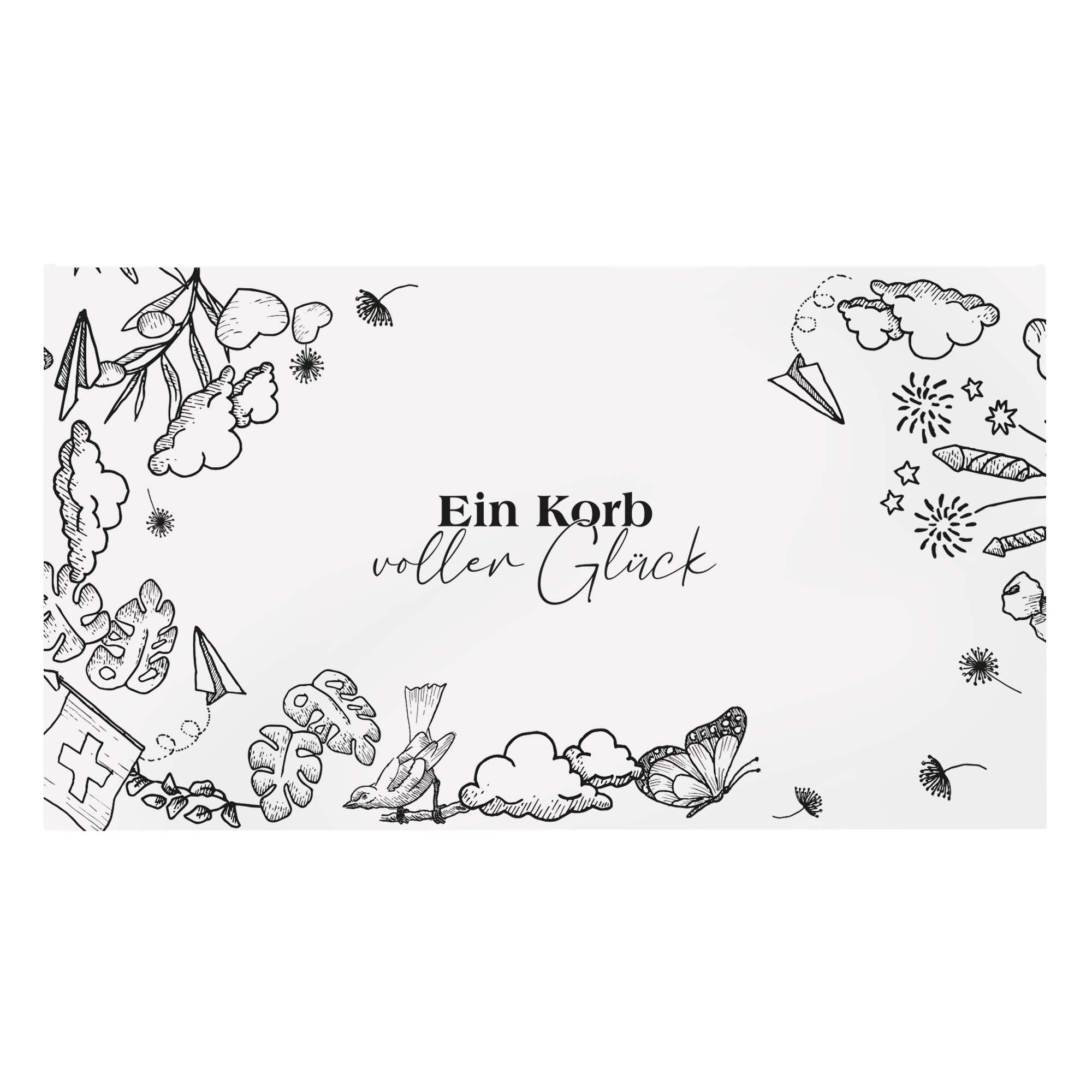 Schwarz-weiße Grafik mit dem Text „Ein Korb voller Glück“, umgeben von handgezeichneten Skizzen von Pflanzen, Vögeln und Wolken.