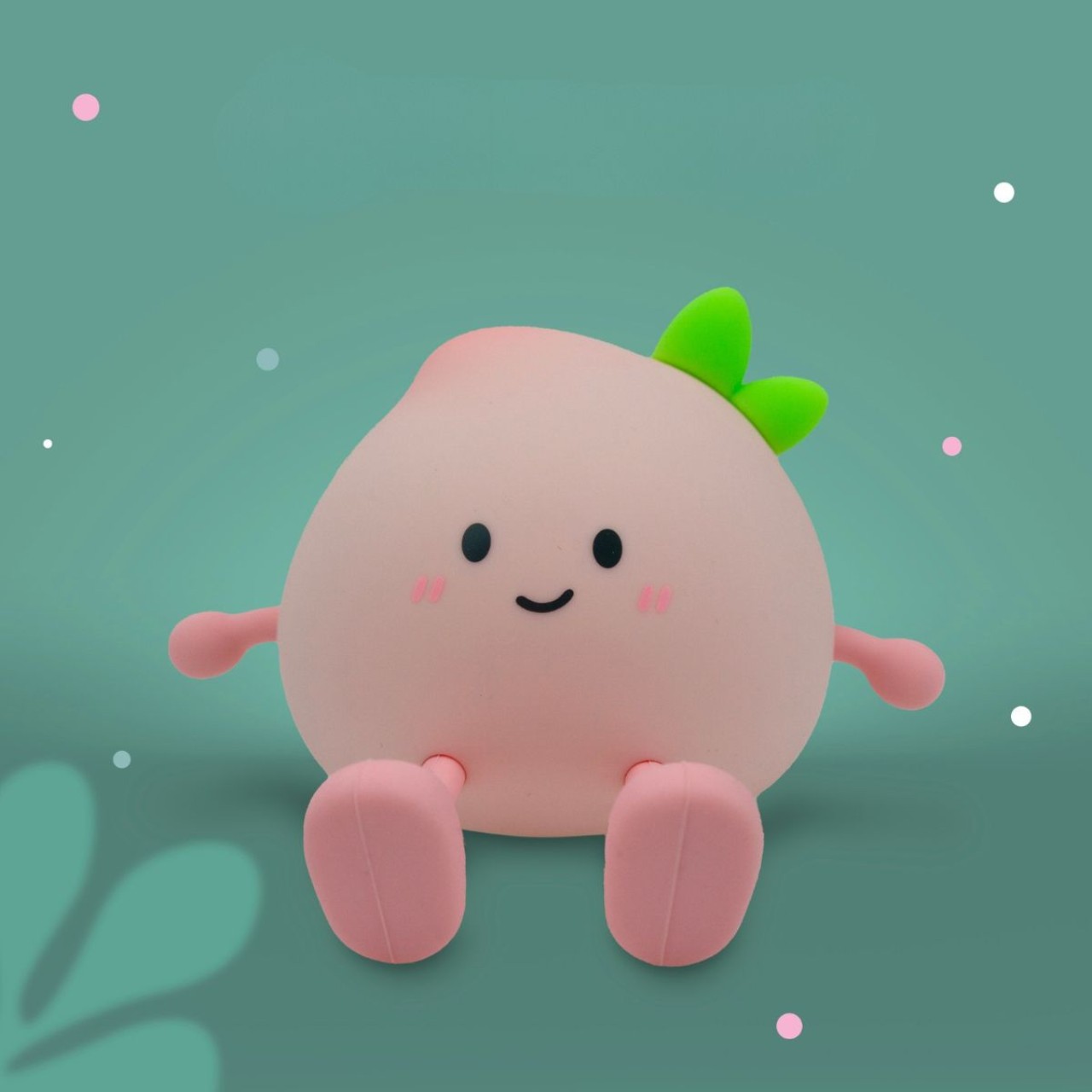 Spielzeug, Plüsch, Plushie, Pfirsichfigur, rosa Körper, grüne Blätter, süßes Knietier