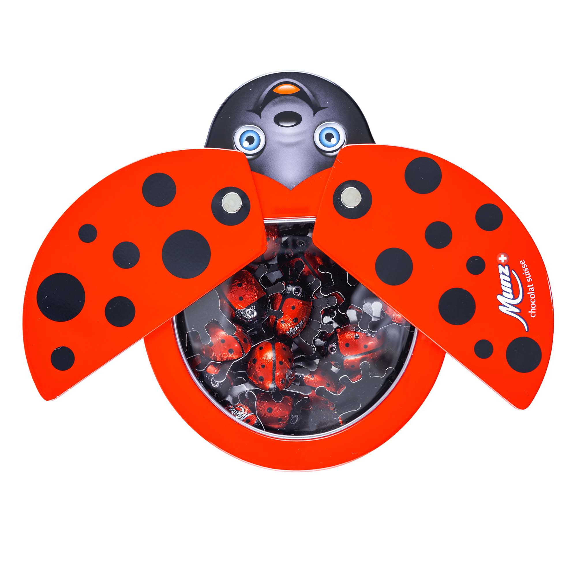 Munz Marienkäfer, Milchschokolade mit Pralinéfüllung, 150g Munz Marienkäfer in Flügeldose, 150g