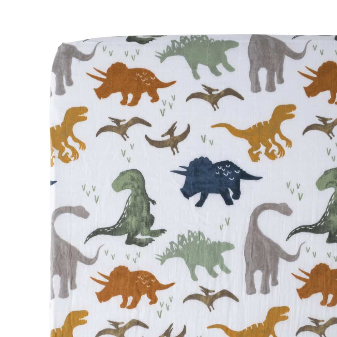 Cotton Muslin Crib Sheet - Dino Friends