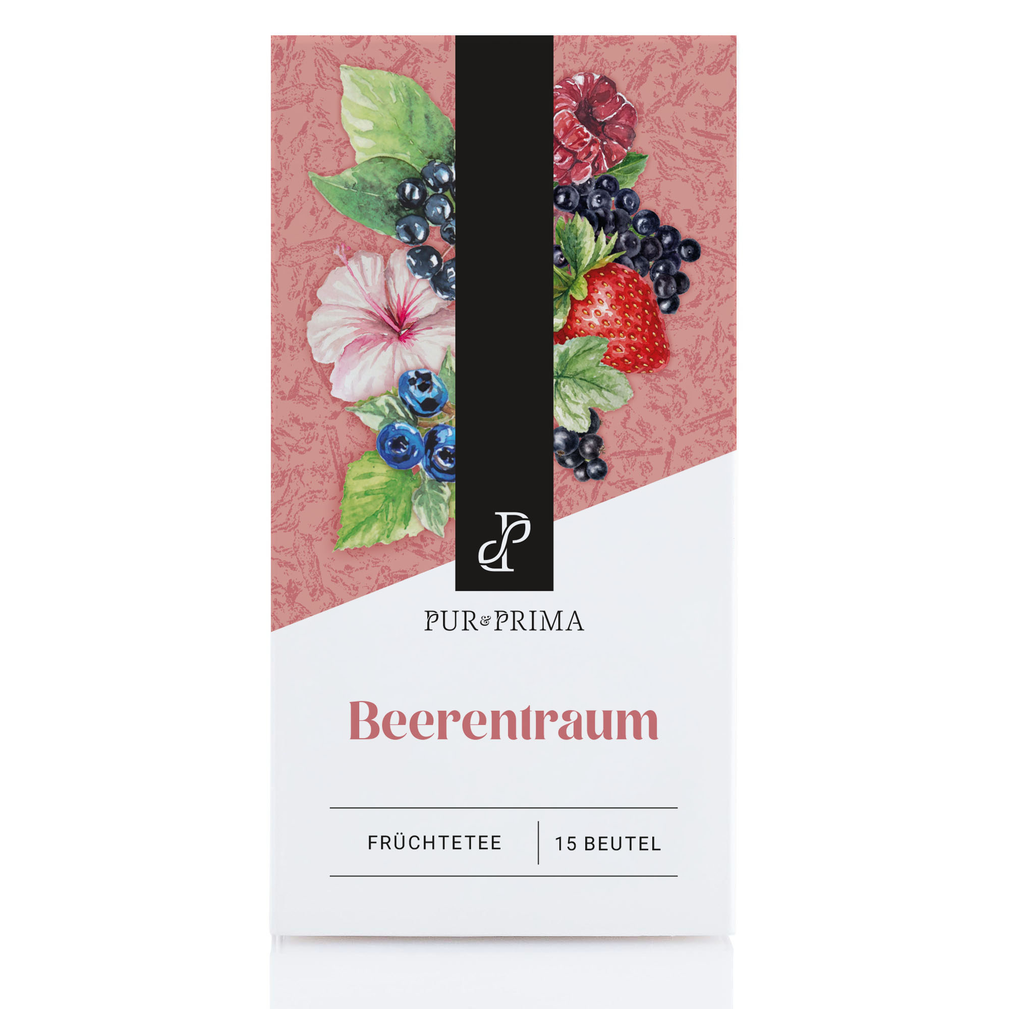Rechteckige Schachtel Pur & Prima Beerentraum Früchtetee mit 15 Beuteln, mit Abbildungen von Beeren und Blumen.
