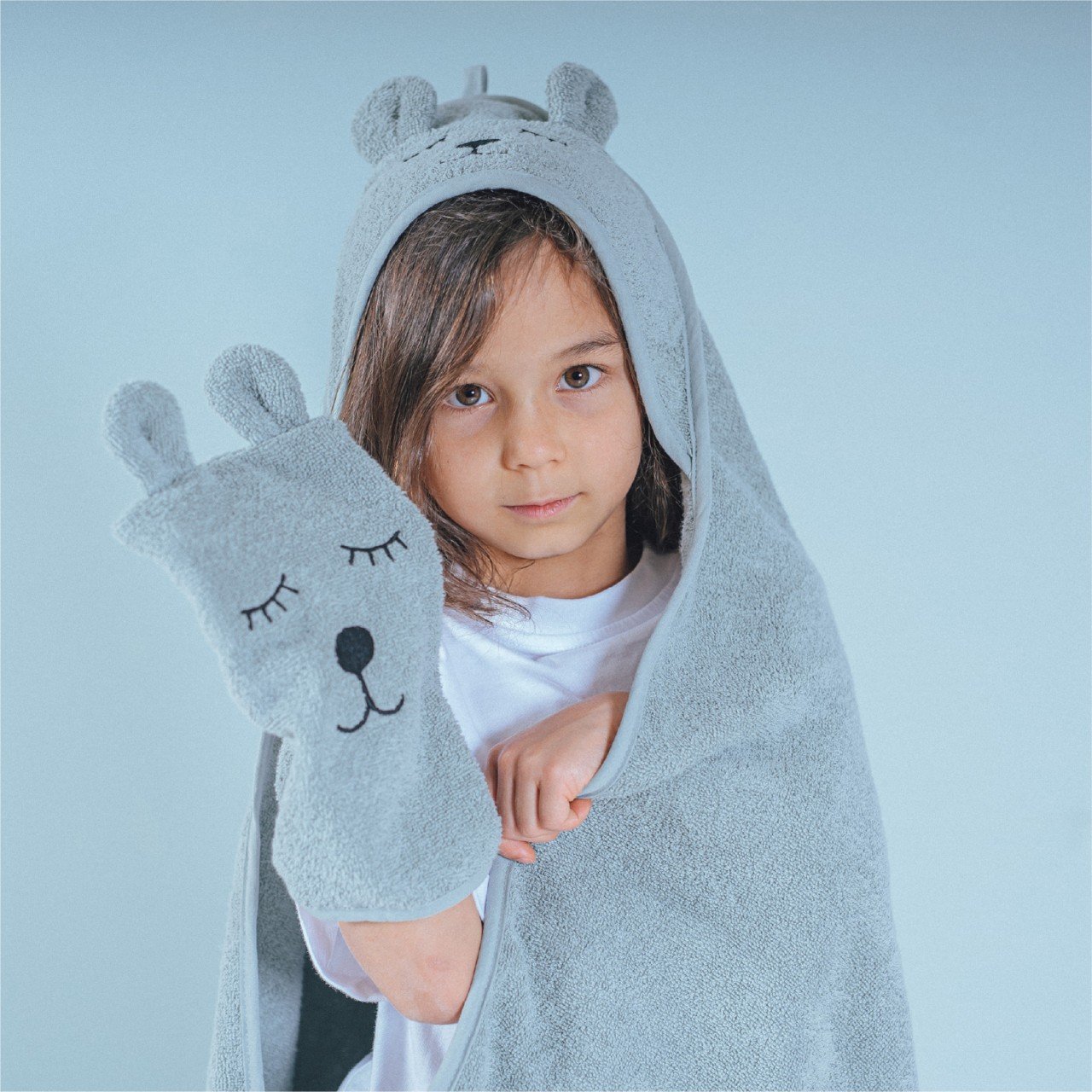 Kinderhood, Kuscheldecke?, Kapuzenmantel, Handschuhe, Grau