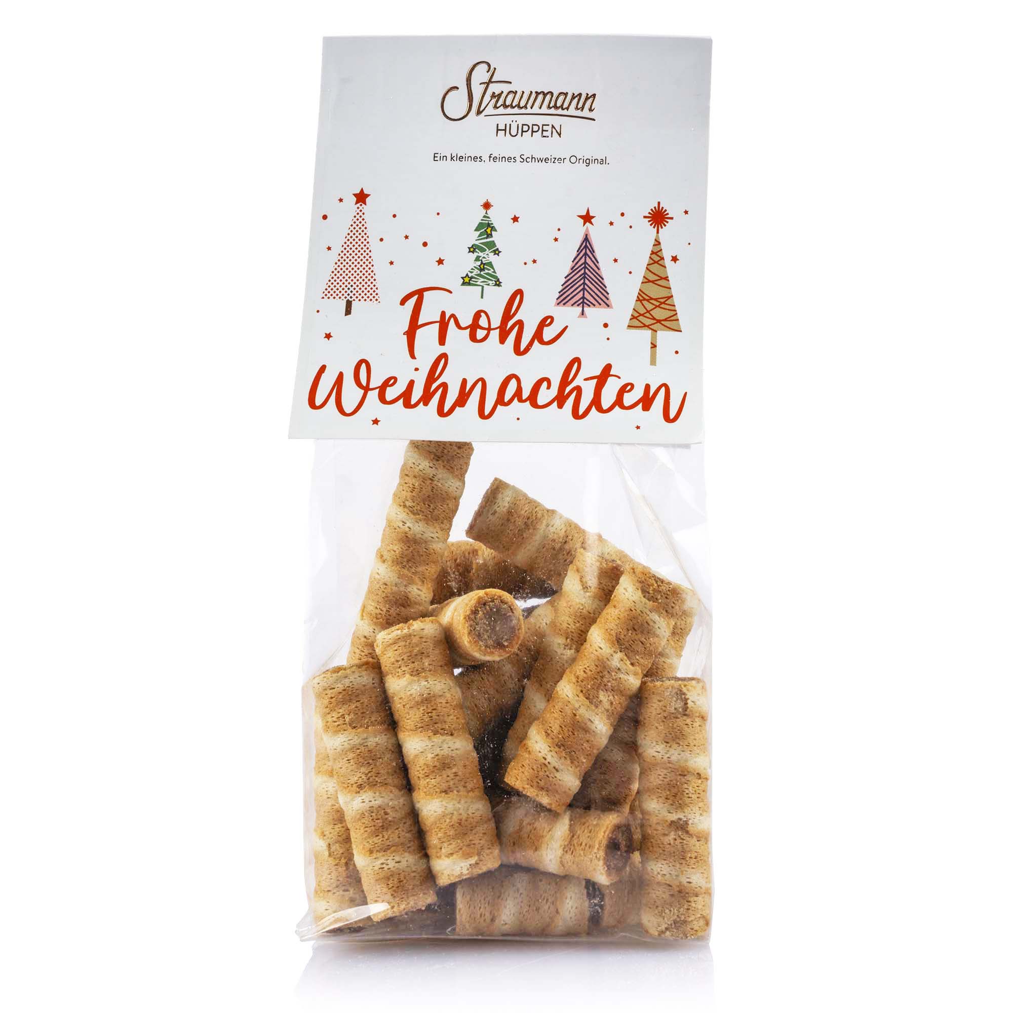 Straumann Hüppen "Frohe Weihnachten" mit Haselnuss-Gianduja-Füllung, 100g Straumann Hüppen "Frohe Weihnachten" mit Haselnuss-Gianduja-Füllung, 100g