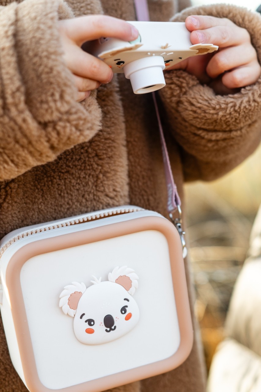 plüschmantel, braunes fell, Kinderzubehör, kleine tasche, Koala-Motiv