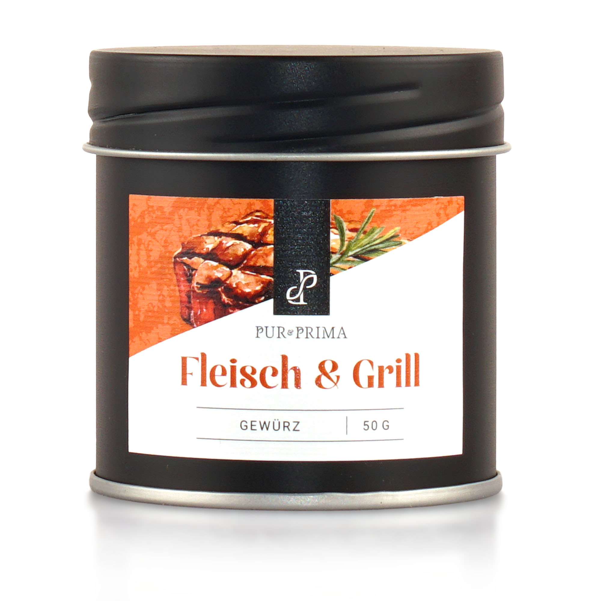 Gewürzdose aus schwarzem Metall mit der Aufschrift „Pur & Prima Fleisch & Grill“ mit einem Nettogewicht von 50 g und einer Steak- und Kräutergrafik.