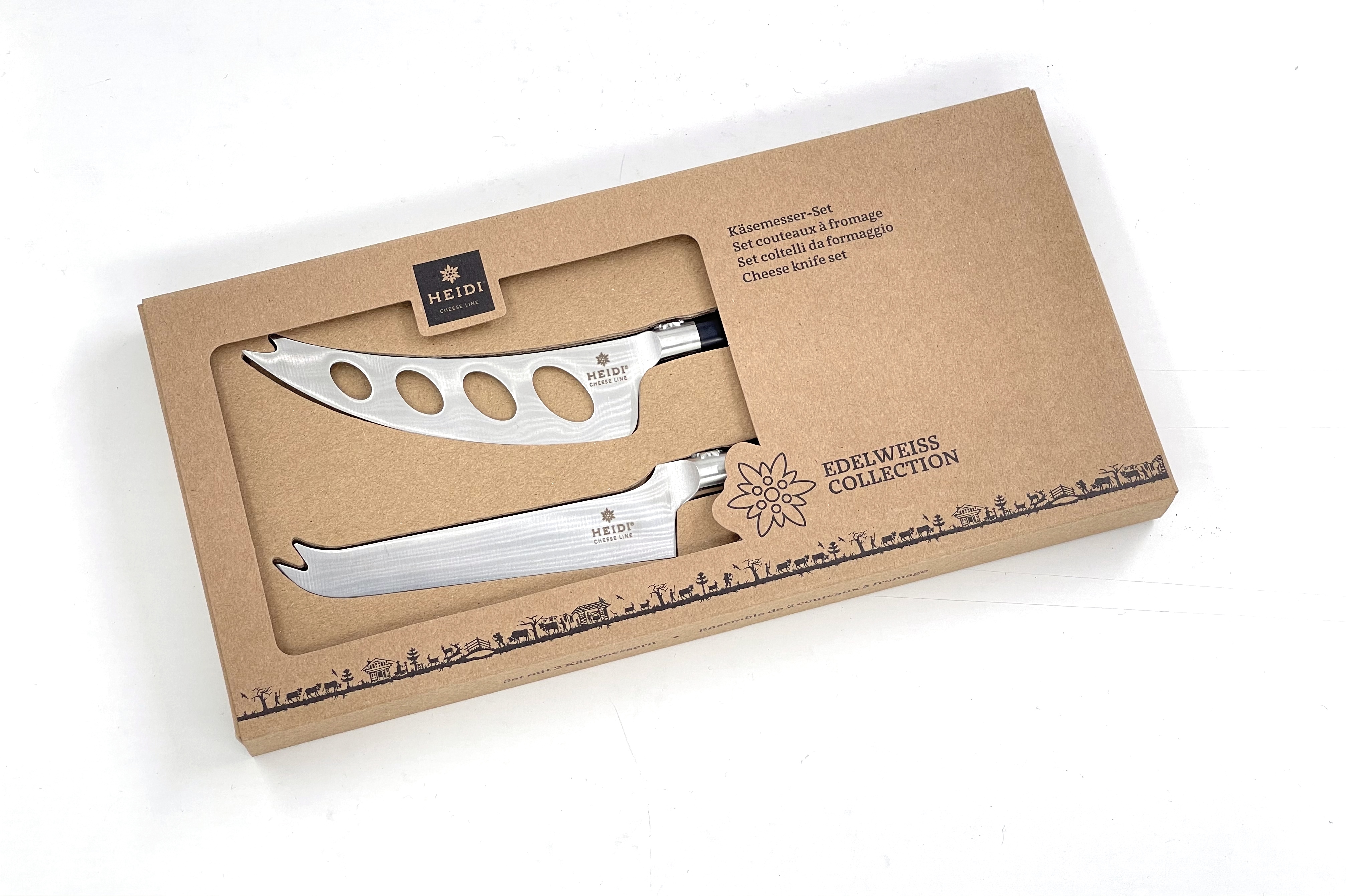 2er Set von Käsemessern mit Edelweiss-Kropf - Inhalt: 1 x Weichkäsemesser + 1 x Käsemesser Universal
