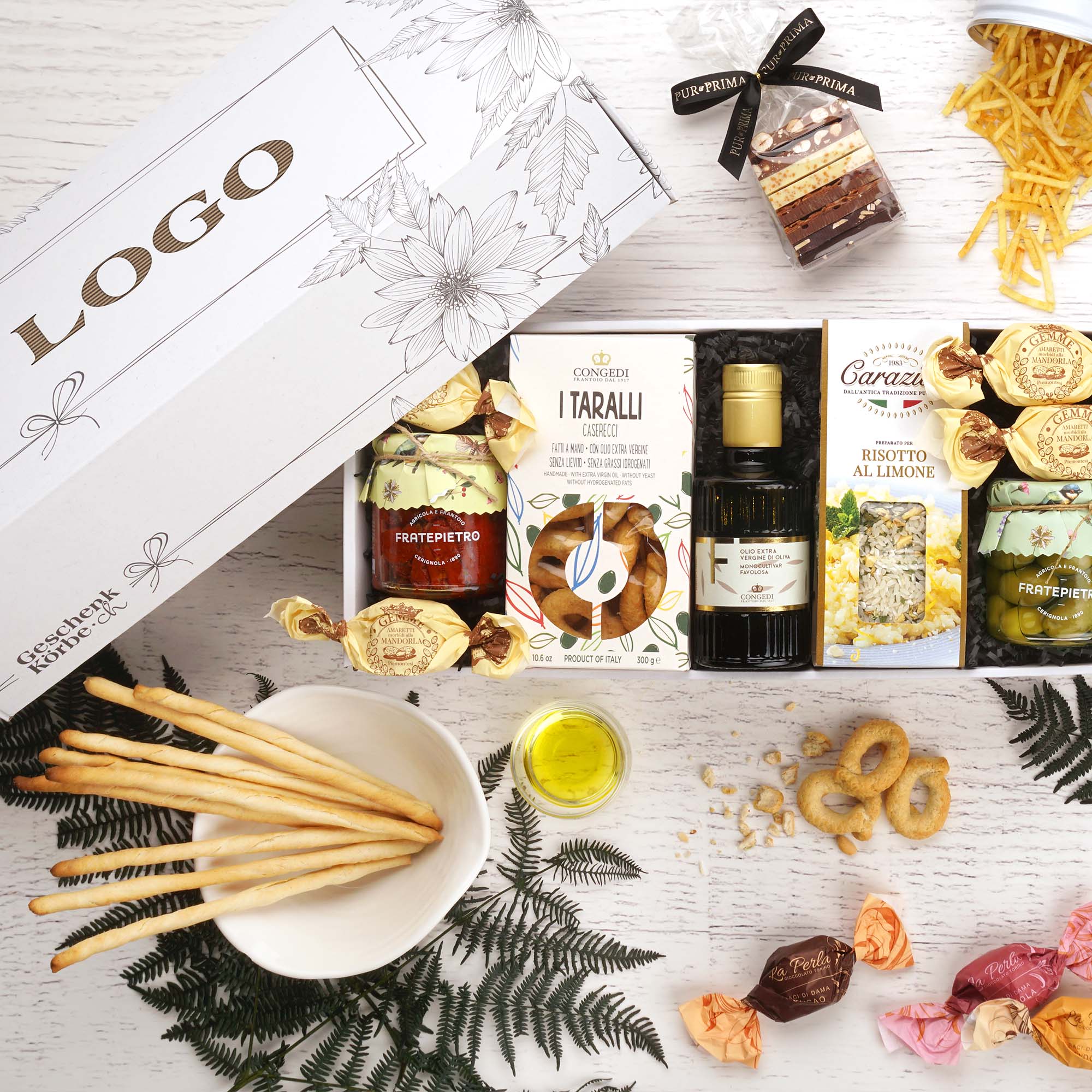 Lebensmittelgeschenk, Würzige Snacks, Olivenöl, Risotto Zutat, Trockenware