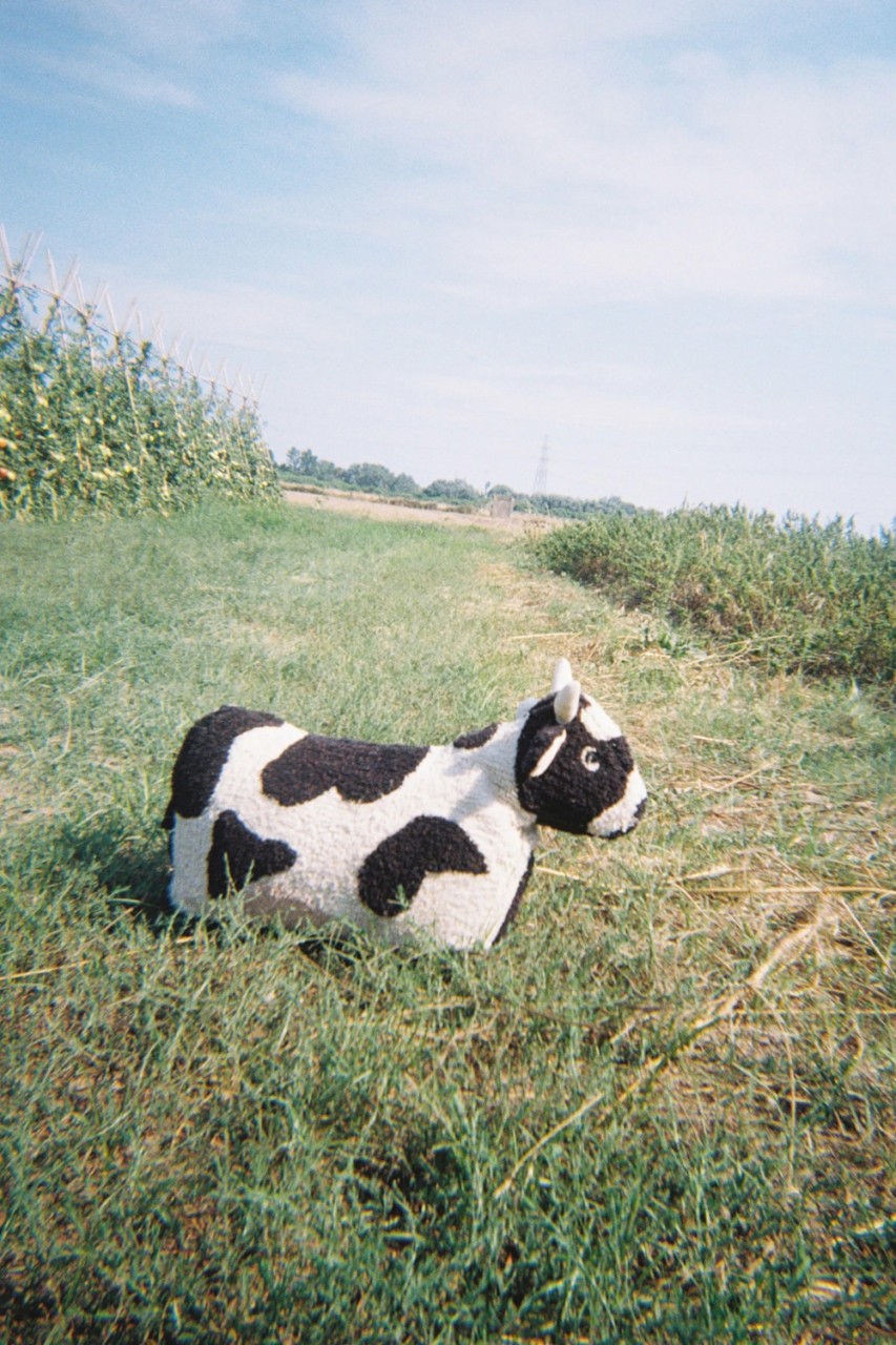 Eine Plüschtierkuh mit schwarz-weiß geflecktem Fell steht an einem sonnigen Tag auf einer Wiese unter einem klaren blauen Himmel.