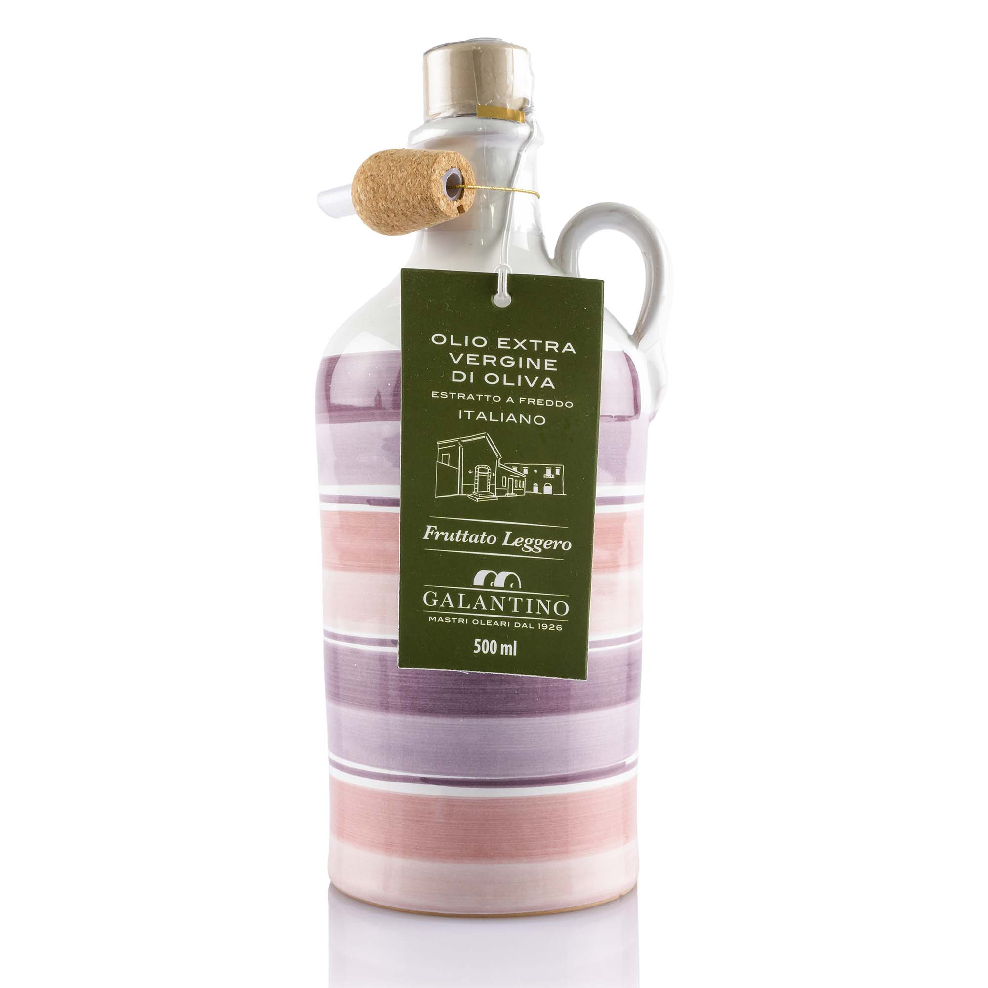 Olio extra vergine di oliva im Tonkrug mit rosa Streifen von Galantino, 50cl