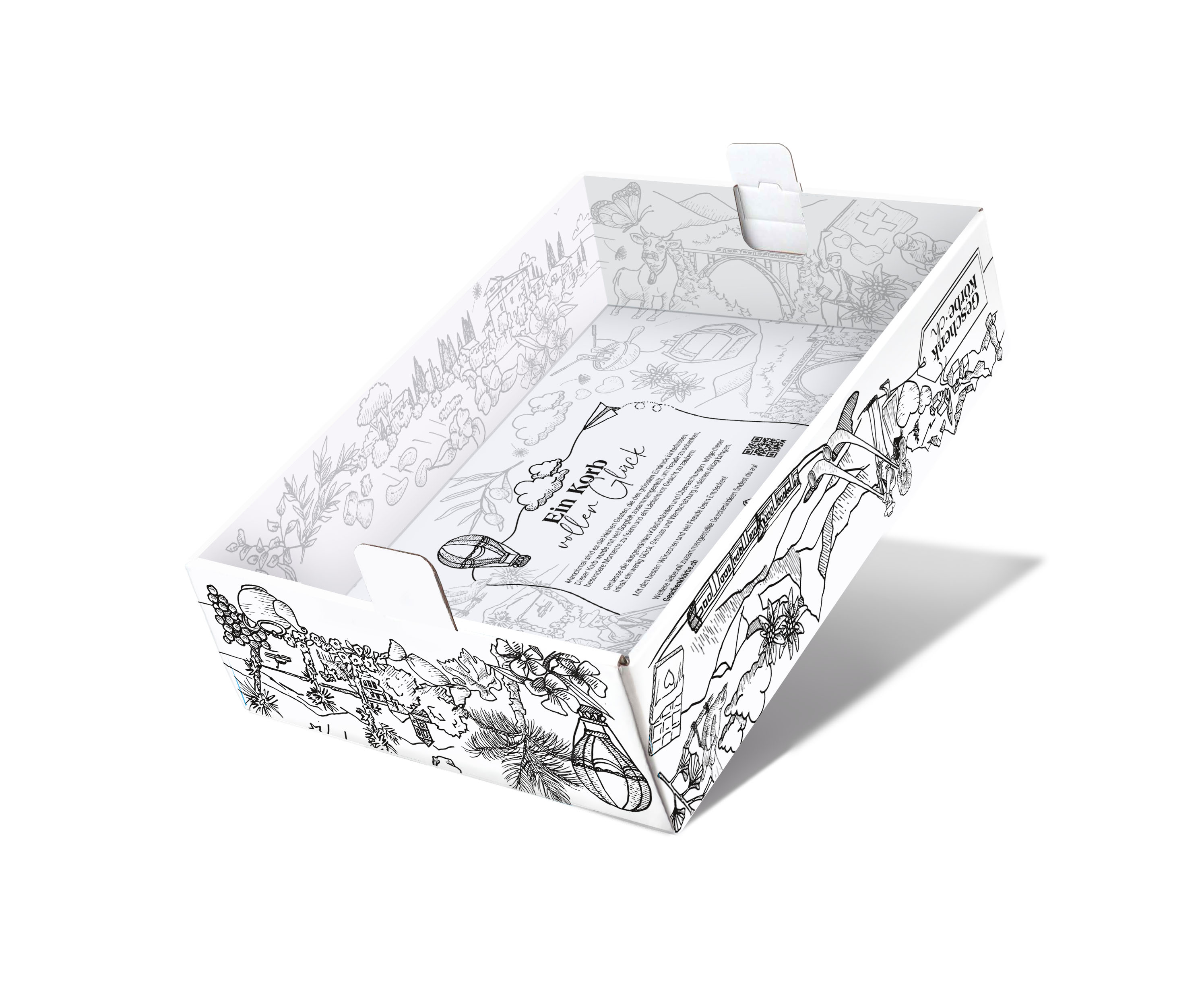 Leeres rechteckiges Geschenktablett aus Pappe mit schwarz-weißen Line-Art-Illustrationen von Schweizer Motiven und Markenschriftzug.