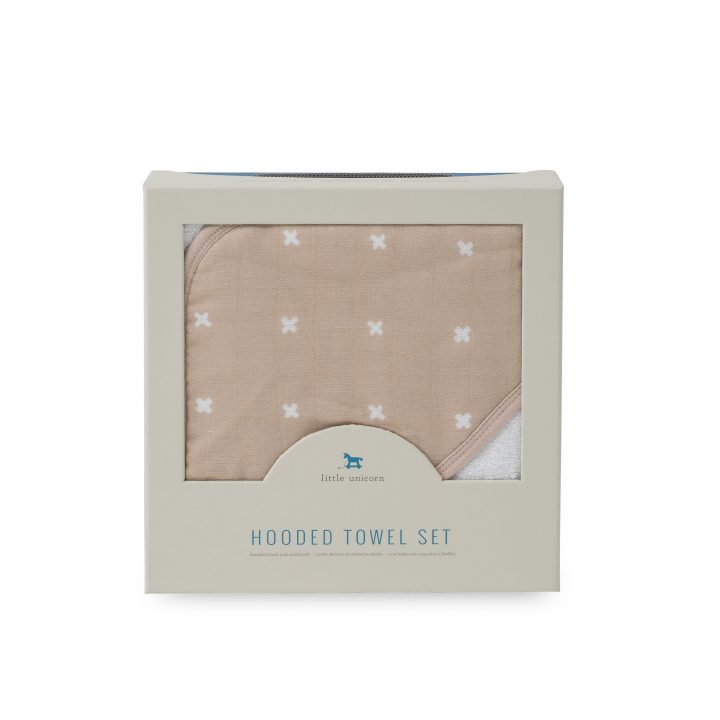 Hooded Towel & Wash Cloth Set -  Taupe Cross