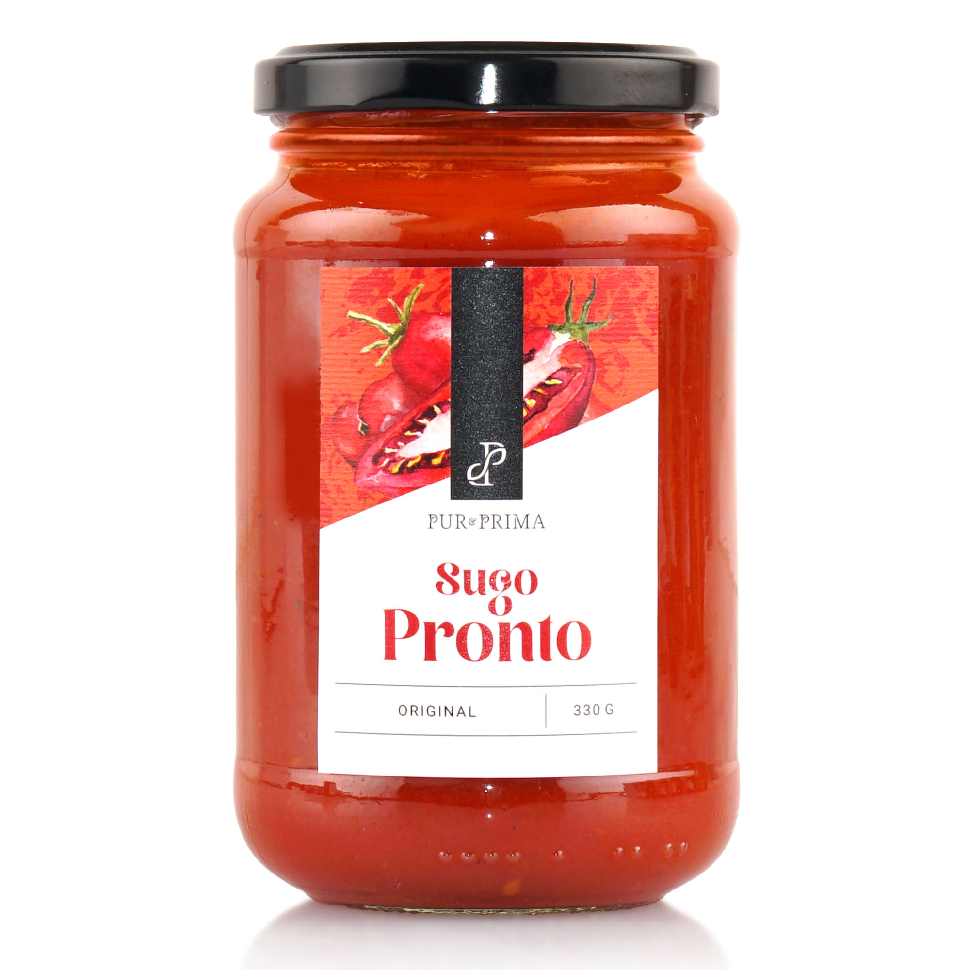 Glasgefäß mit Pur & Prima Sugo Pronto Tomatensauce mit schwarzem Deckel, weißem Etikett und roter Tomatengrafik, 330 g Inhalt.