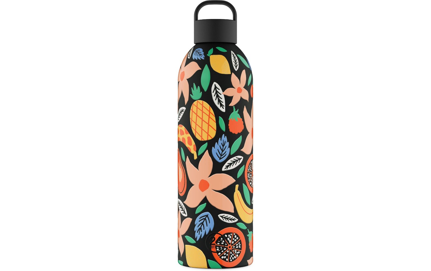 wasserflasche, wiederverwendbare flasche, obstmuster, farbiges design, schwarzer hintergrund