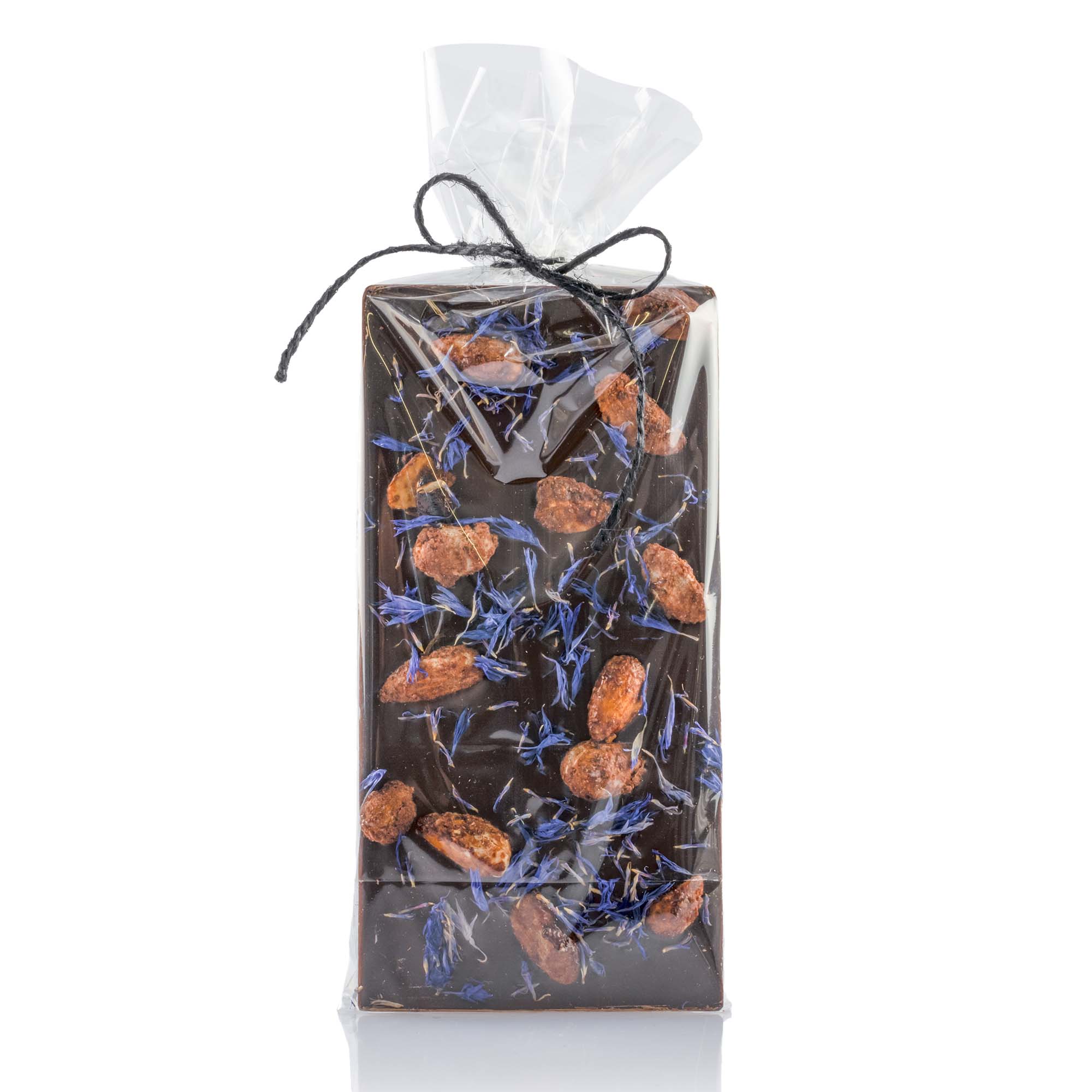 Schokoladentafel handgeschöpft mit blauen Kornblumen und gebrannten Mandeln, 100g