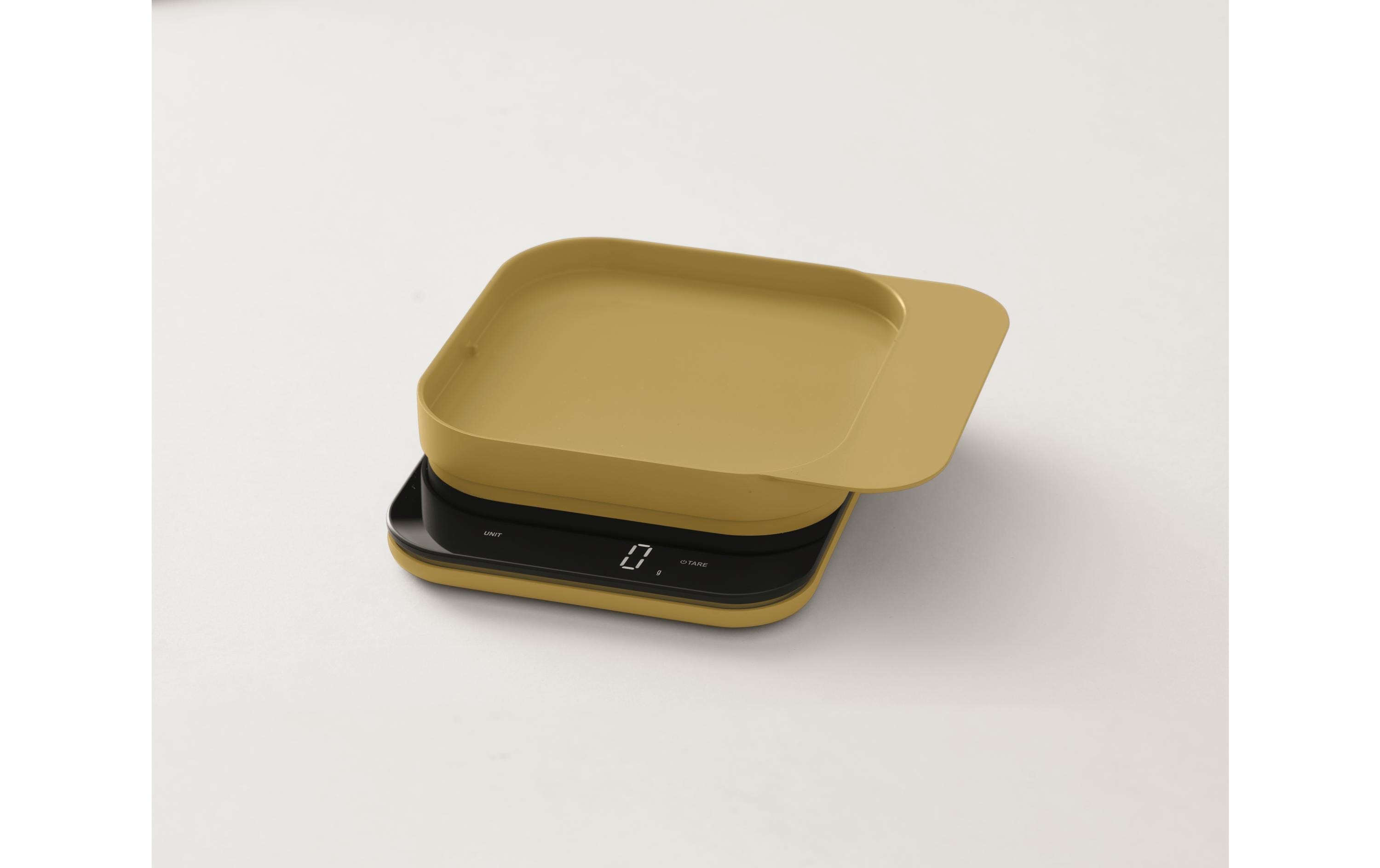 küchenspender, digitale küchenwaage, waage, gelb, plattenauflage