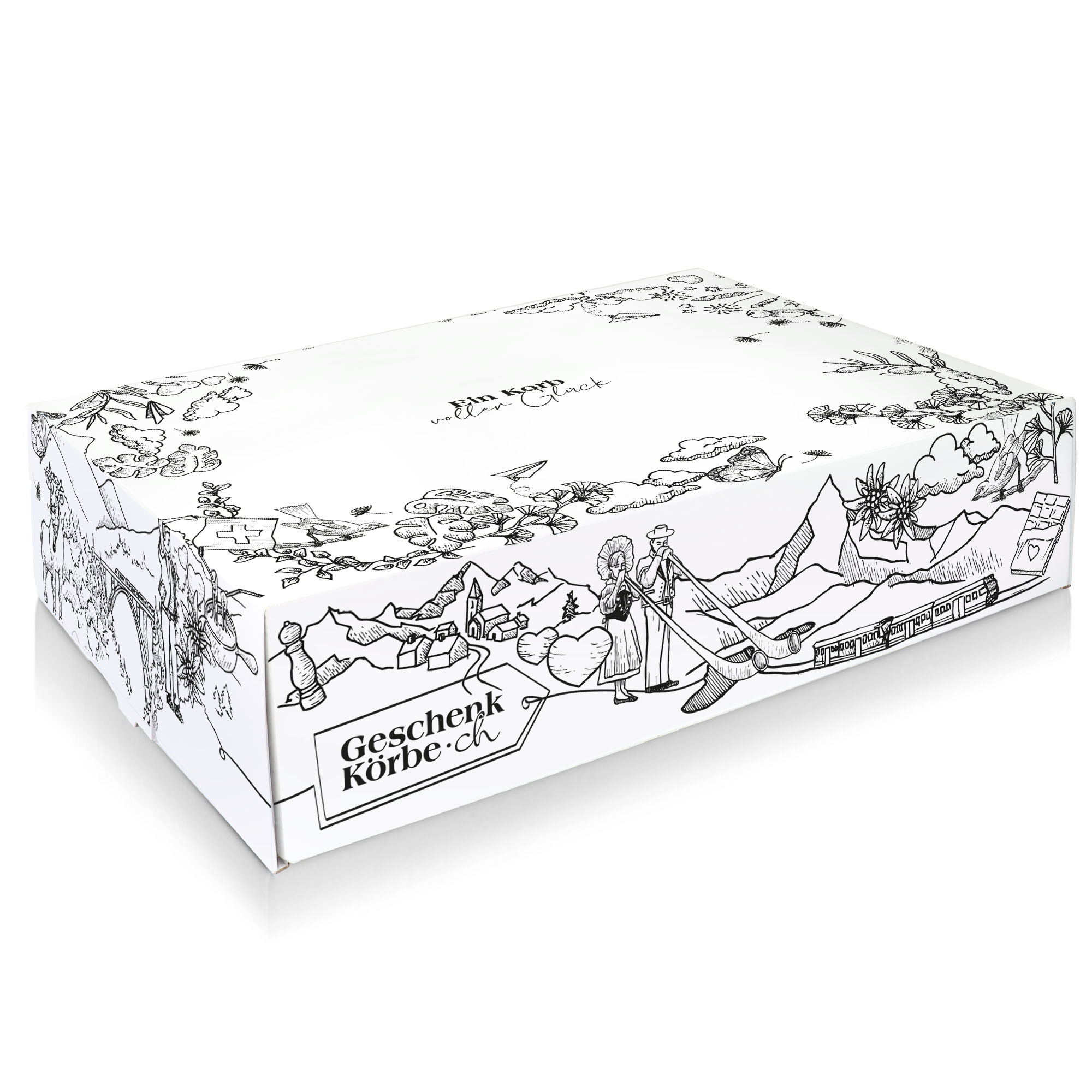 Weiße, rechteckige Geschenkbox aus Karton mit schwarzen Line-Art-Illustrationen von Schweizer Landschaften, Alphörnern und Zügen.