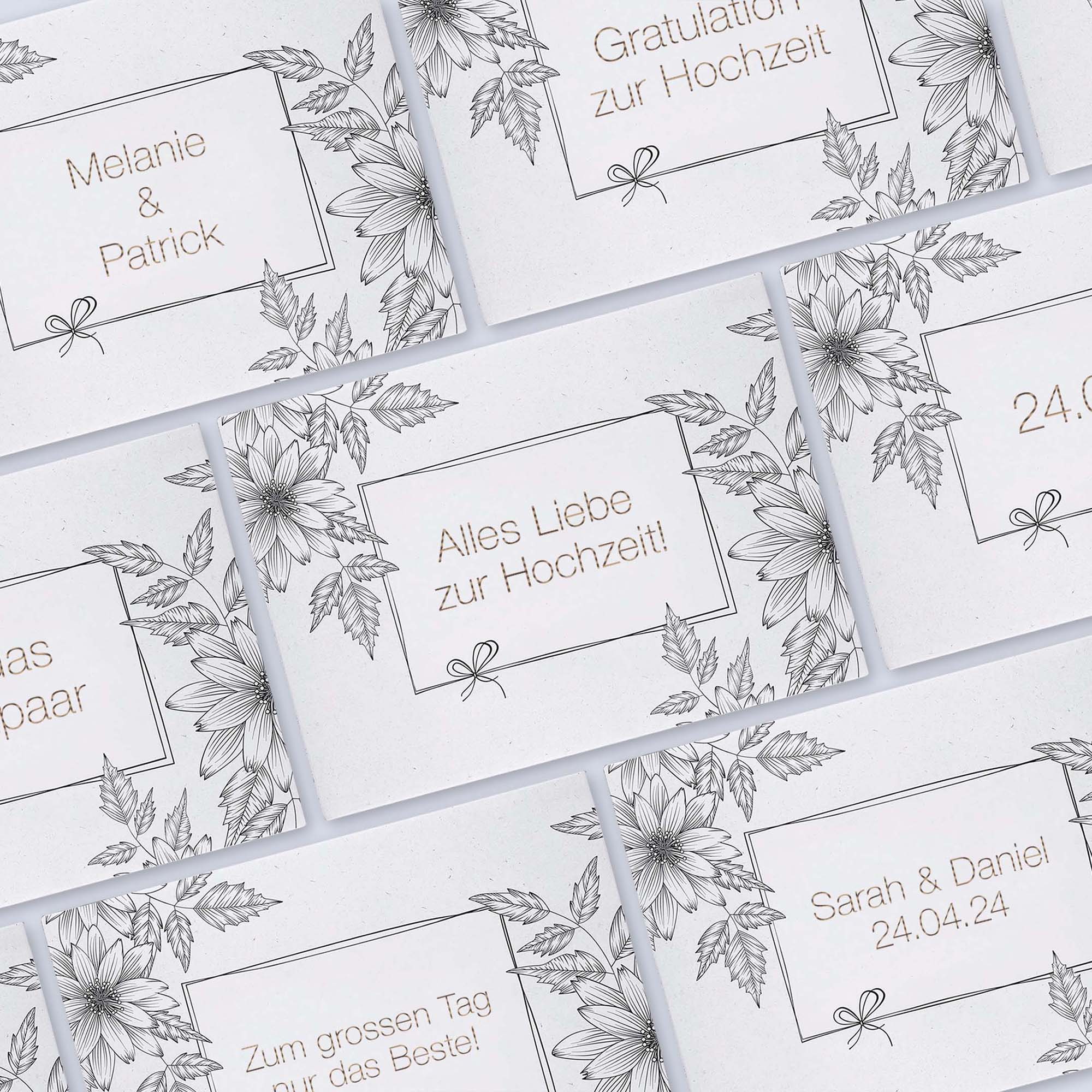 Hochzeitskarte, Blumenornament, Papierschmuck, Namenskarte, Spruchkarte