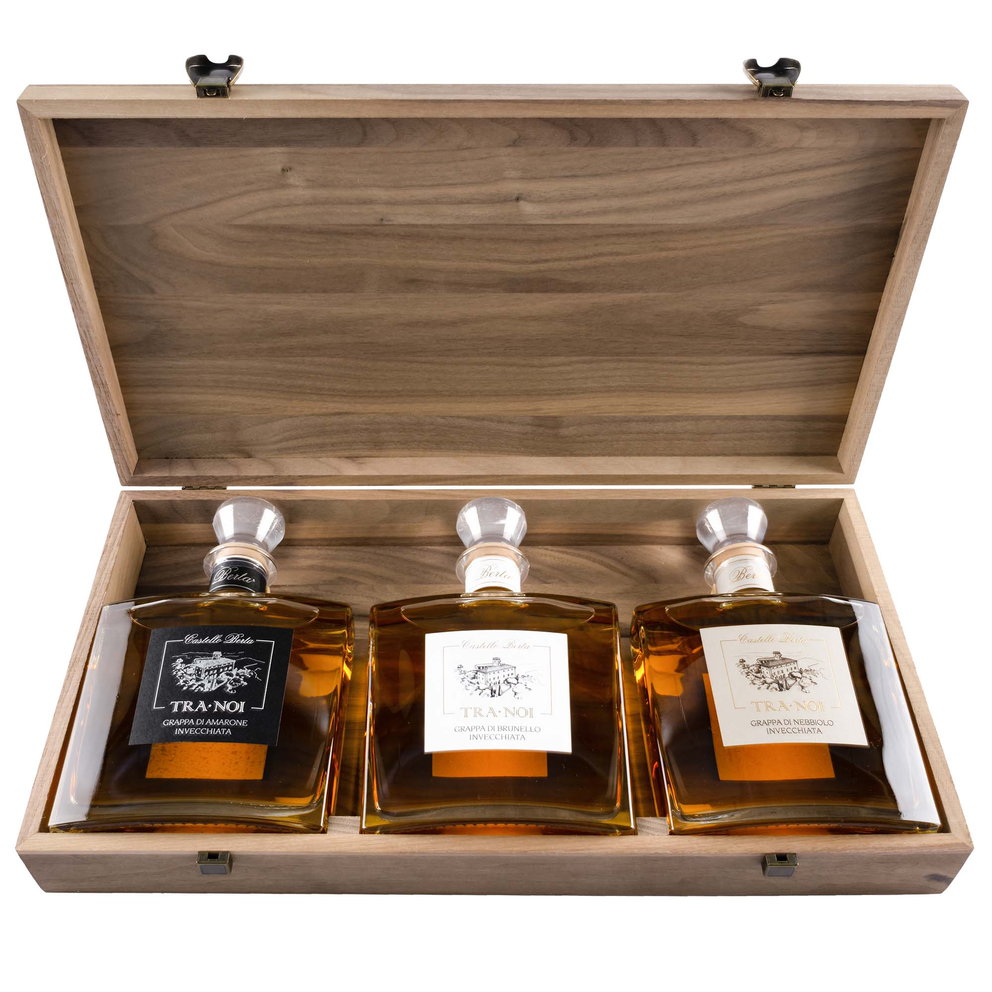 Grappa Set "Tra Noi" von Berta 42% in Holzkiste, 3 x 70cl Grappa Set "Tra Noi" von Berta 42% in Holzkiste, 3 x 70cl
