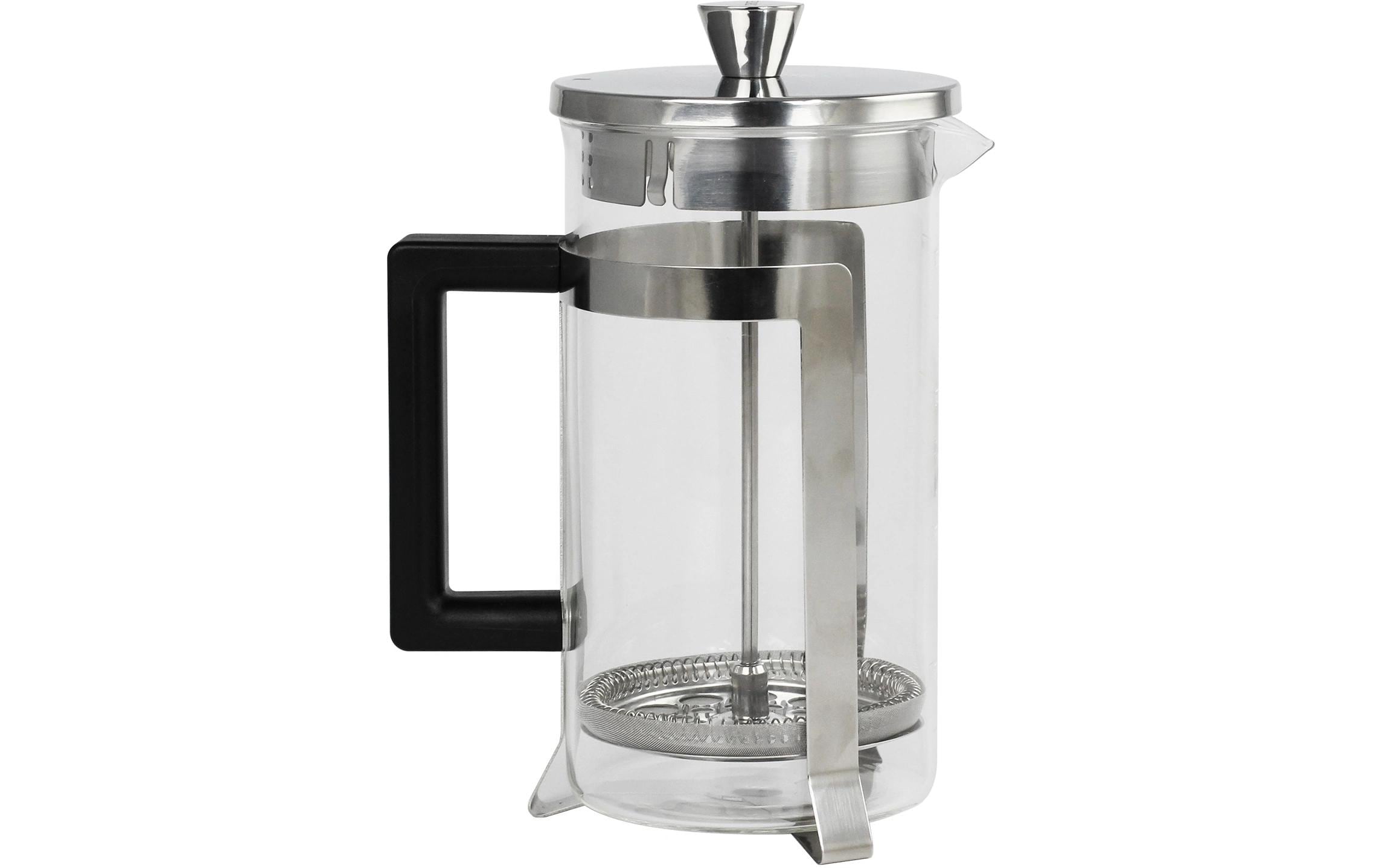 French press, Glaskanne, Edelstahl, schwarzer Griff, Filterkolben, French press, Glasbehälter, Metalldeckel, schwarzer Griff, Edelstahl Stempel, French press, Kaffeekanne, Glas, Stahl, Kein Markenname